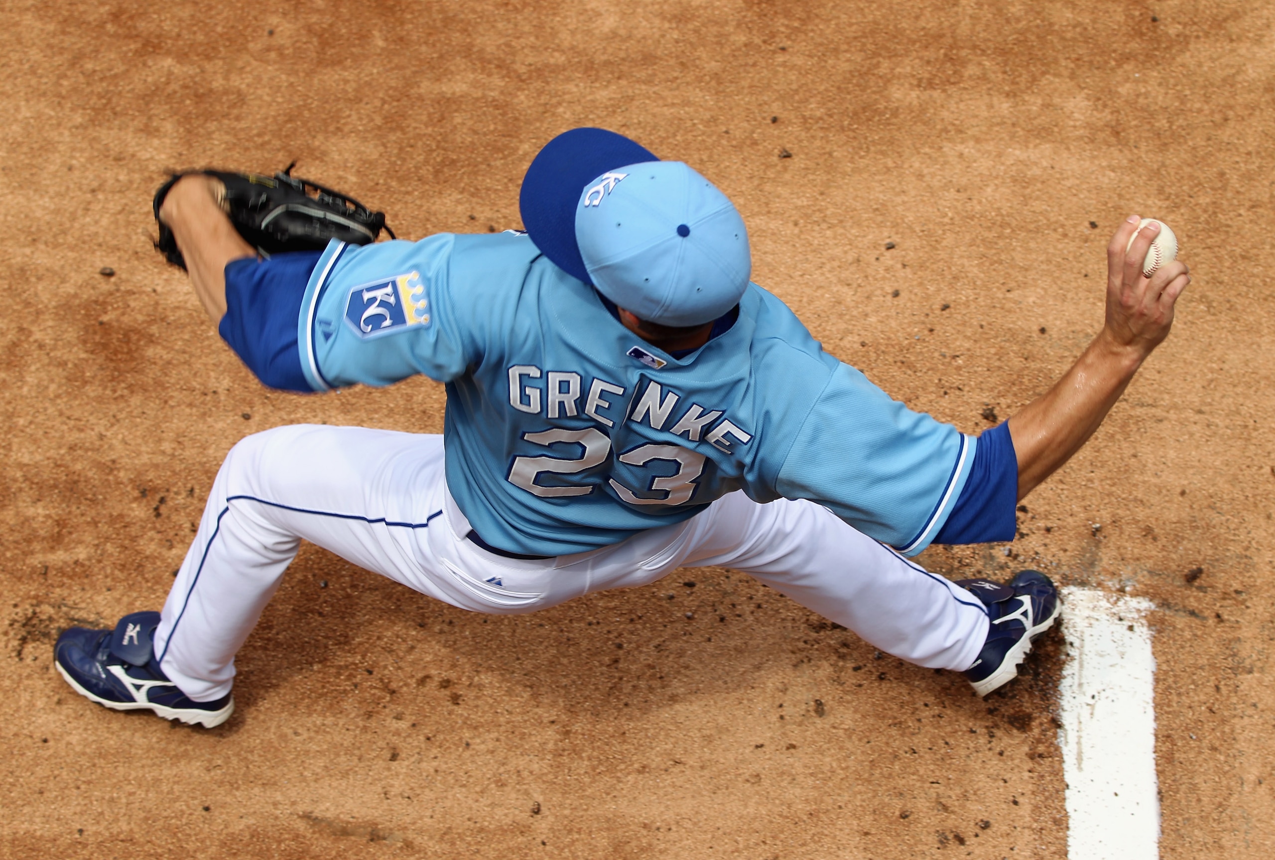 KANSAS CITY, MO - JULY 21:  Starting pitcher Zack Greinke #23 of the Kansas City Royals warms-up just prior to the start of the game against the Toronto Blue Jays at Kauffman Stadium on July 21, 2010 in Kansas City, Missouri.  (Photo by Jamie Squire/Getty