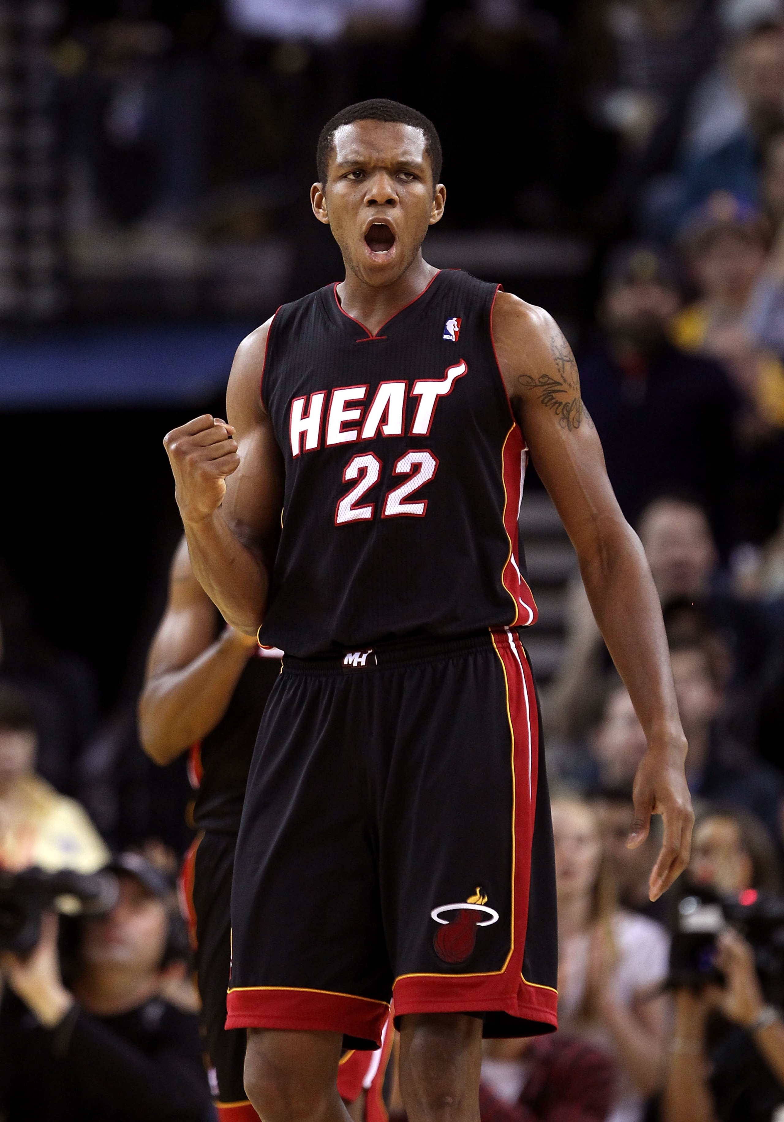 OAKLAND, CA - DECEMBER 10:  James Jones #22 of the Miami Heat reacts after a basket during their game against the Golden State Warriors at Oracle Arena on December 10, 2010 in Oakland, California. NOTE TO USER: User expressly acknowledges and agrees that,