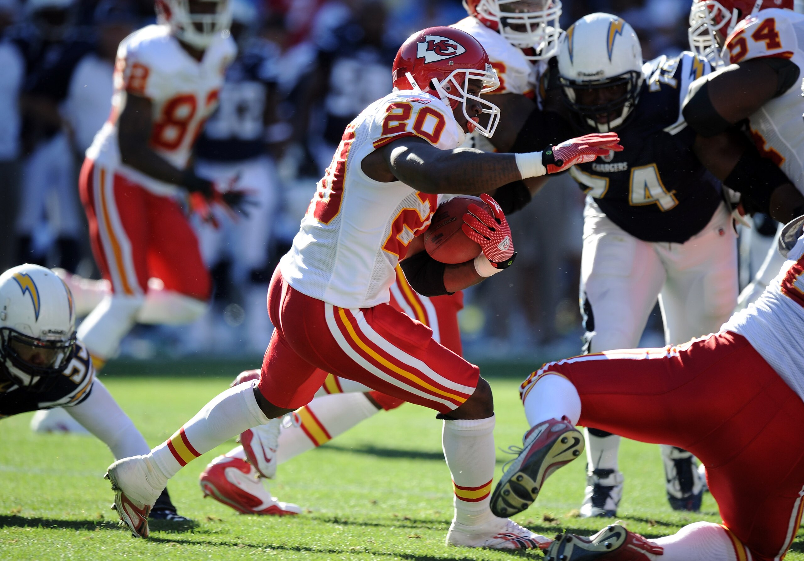 SAN DIEGO, CA - DECEMBER 12:  Thomas Jones #20 of the Kansas City Chiefs carries the ball against the San Diego Chargers at Qualcomm Stadium on December 12, 2010 in San Diego, California.  (Photo by Harry How/Getty Images)