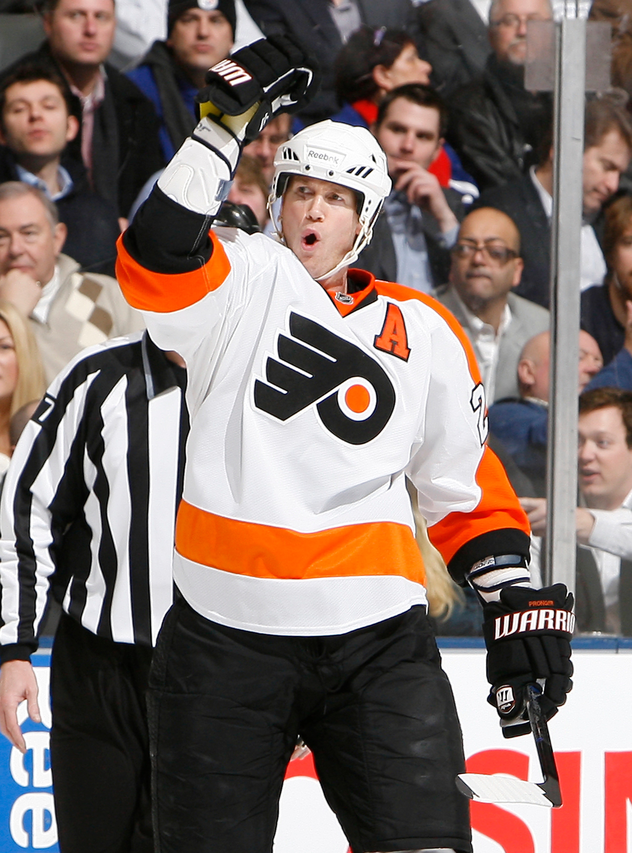 TORONTO, CANADA - DECEMBER 9: Chris Pronger #20 of the Philadelphia Flyers celebrates his goal during game action at the Air Canada Centre against the Toronto Maple Leafs December 9, 2010 in Toronto, Ontario, Canada. (Photo by Abelimages/Getty Images)