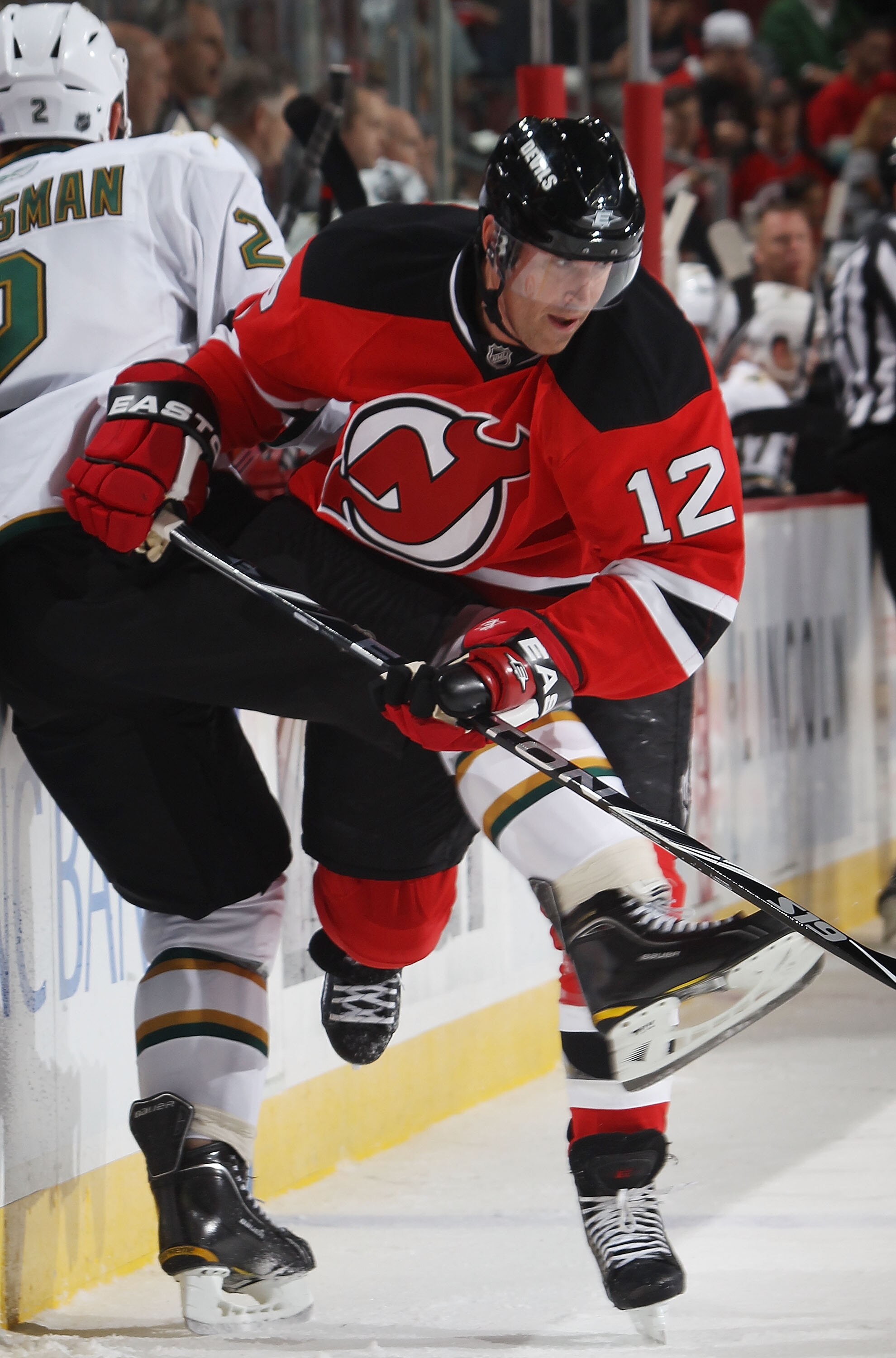 NEWARK, NJ - OCTOBER 08:  Brian Rolston #12 of the New Jersey Devils skates against the Dallas Stars at the Prudential Center on October 8, 2010 in Newark, New Jersey.  (Photo by Bruce Bennett/Getty Images)