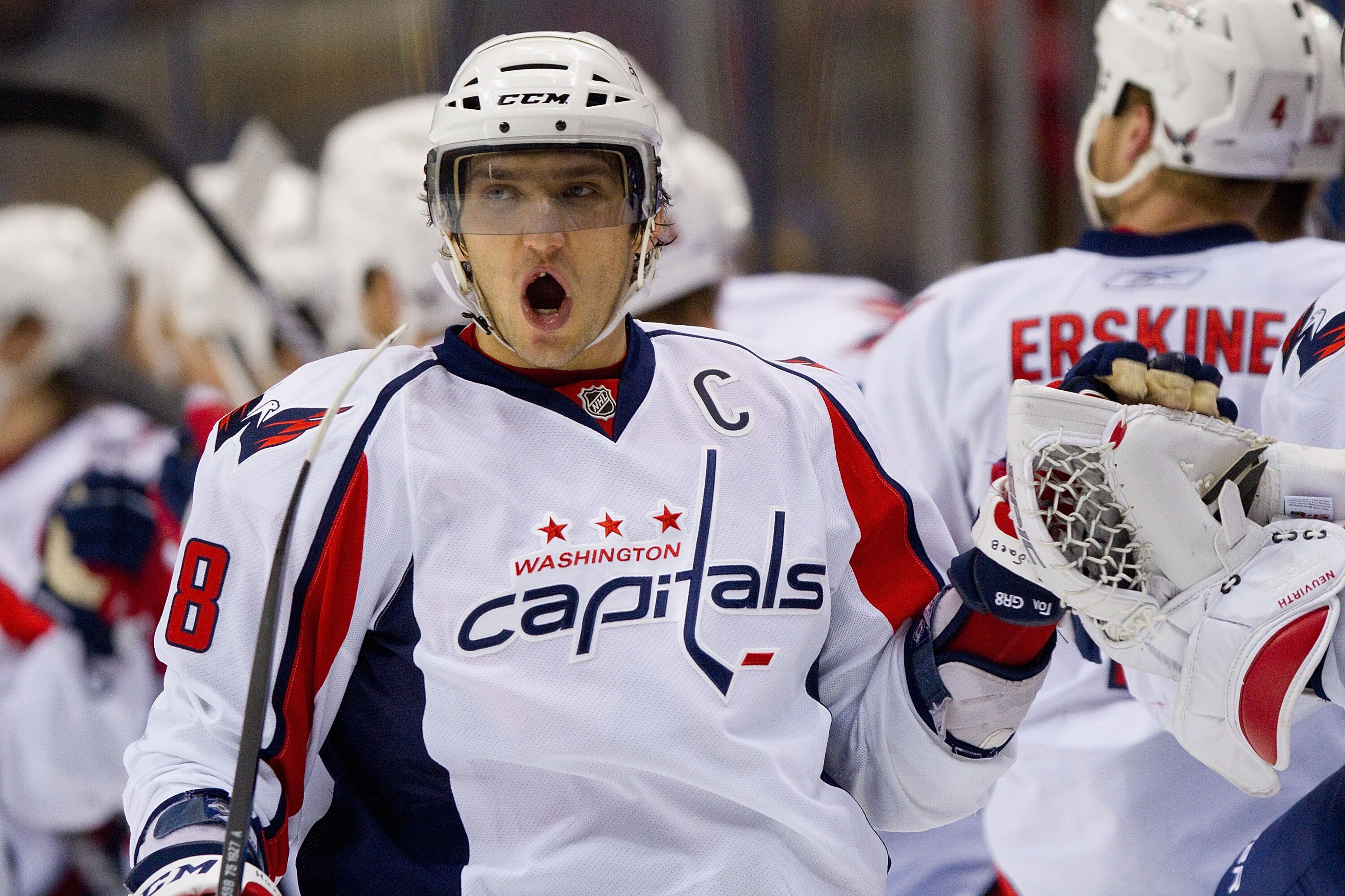 ST. LOUIS, MO - DECEMBER 01: Alex Ovechkin #8 of the Washington Capitals celebrates a goal against the St. Louis Blues at the Scottrade Center on December 1, 2010 in St. Louis, Missouri.  The Capitals beat the Blues 4-1.  (Photo by Dilip Vishwanat/Getty I