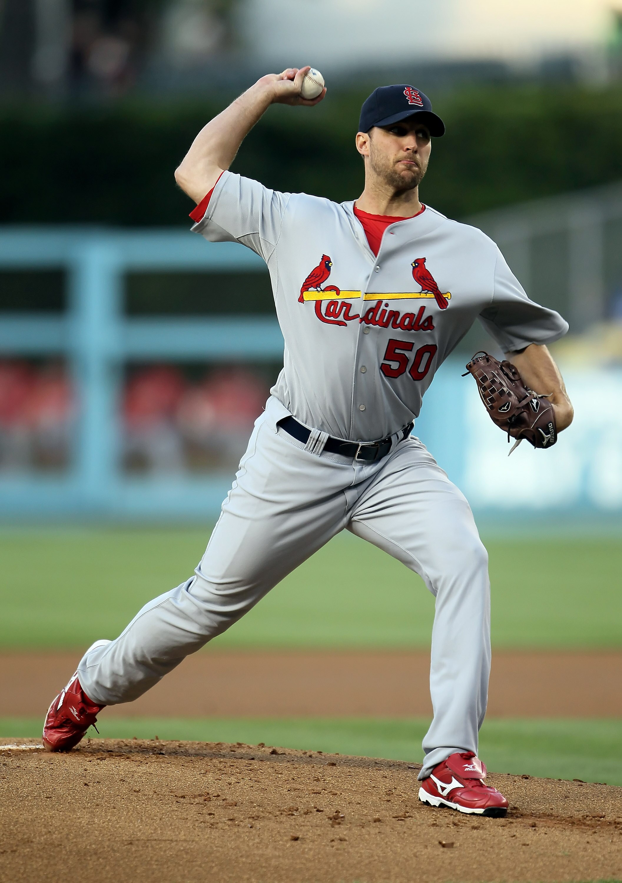 LOS ANGELES, CA - JUNE 09:  Adam Wainwright #50 of the St. Louis Cardinals throws a pitch against the Los Angeles Dodgers in the first inning at Dodger Stadium on June 9, 2010 in Los Angeles, California.  (Photo by Jeff Gross/Getty Images)