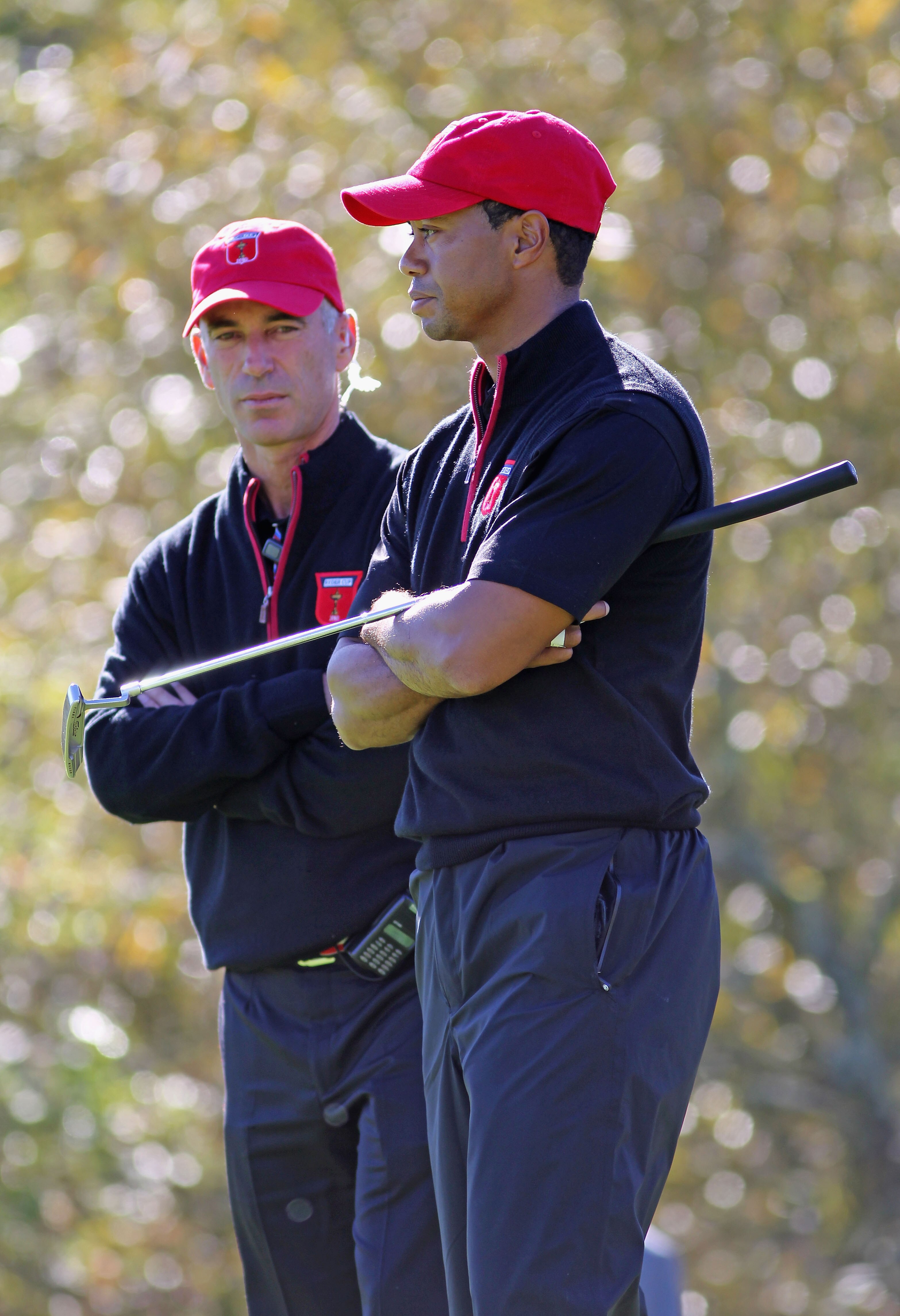NEWPORT, WALES - OCTOBER 04:  USA Captain Corey Pavin looks on with Tiger Woods in the singles matches during the 2010 Ryder Cup at the Celtic Manor Resort on October 4, 2010 in Newport, Wales.  (Photo by Jamie Squire/Getty Images)