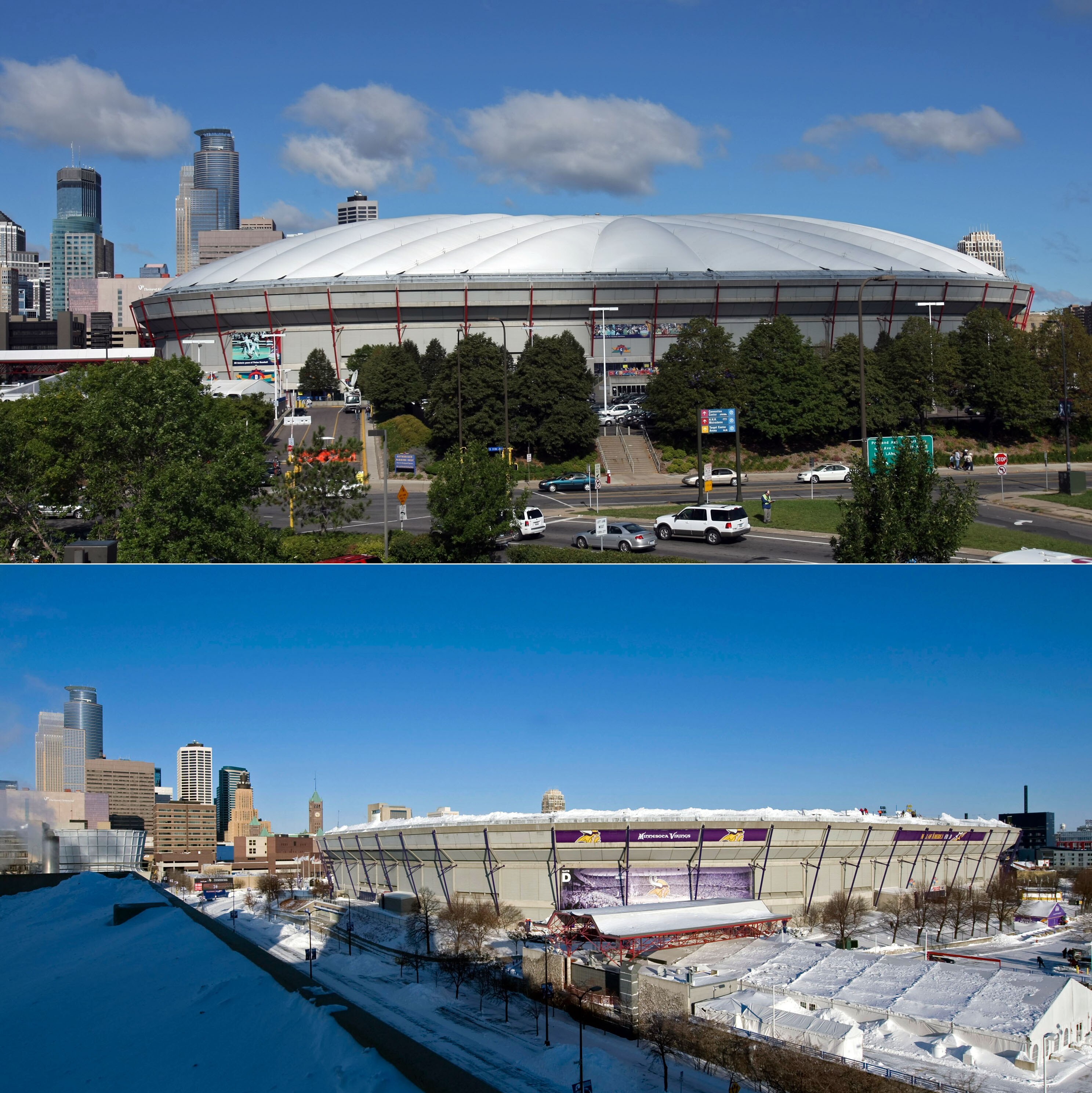 MINNEAPOLIS, MN - DECEMBER 12:  This photo composite shows Hubert H. Humphrey Metrodome, Mall of America Stadium before (above) and after it's inflatable roof collapsed under the weight of snow and during a storm Sunday morning December 12, 2010 in Minnea