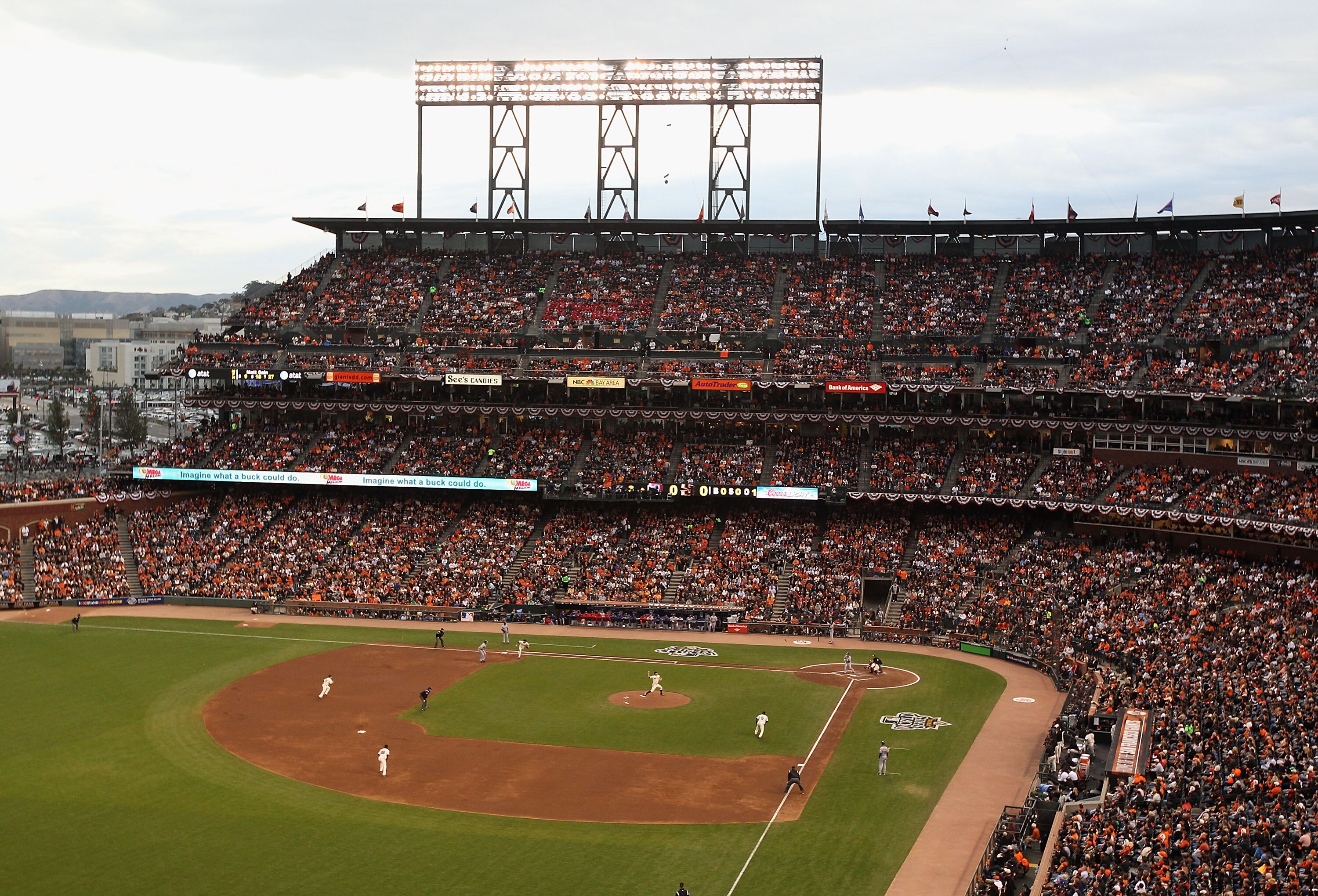 SAN FRANCISCO - OCTOBER 28:  General view of action as Matt Cain #18 of the San Francisco Giants pitches against the Texas Rangers during Game Two of the 2010 MLB World Series at AT&T Park on October 28, 2010 in San Francisco, California.  (Photo by Chris