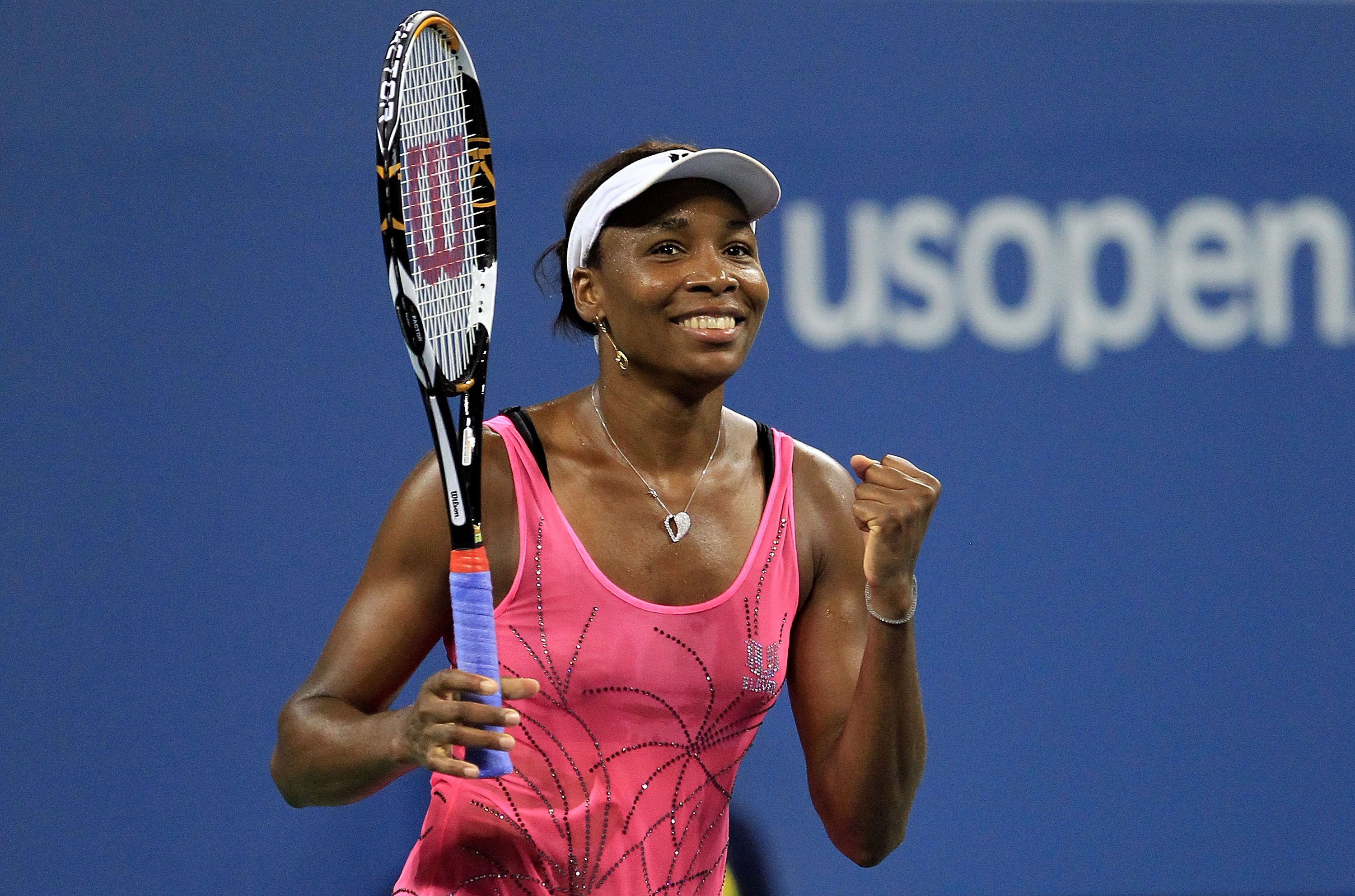 NEW YORK - SEPTEMBER 07:  Venus Williams of the United States celebrates after she won match point against Francesca Schiavone of Italy during day nine of the 2010 U.S. Open at the USTA Billie Jean King National Tennis Center on September 7, 2010 in the F