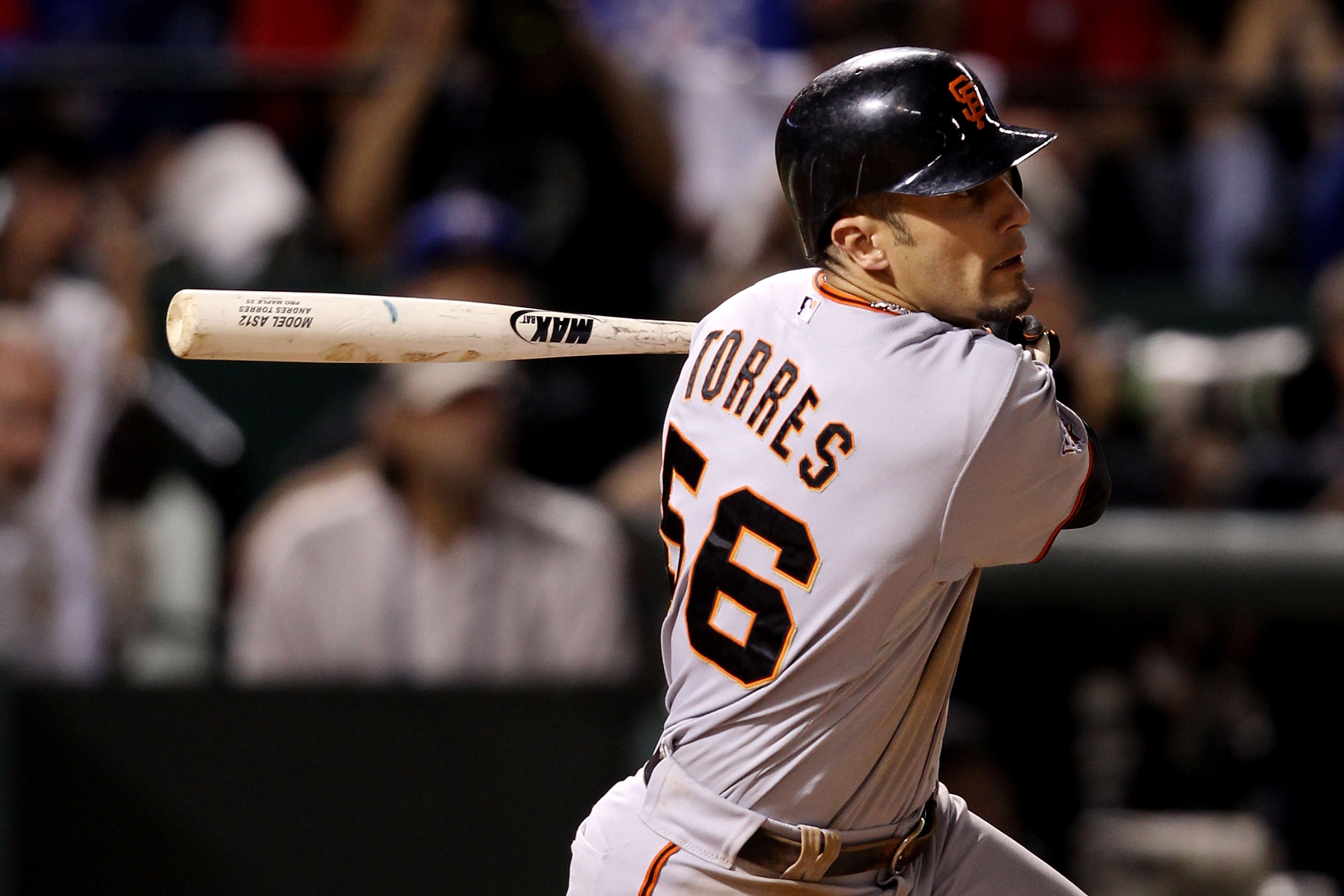 ARLINGTON, TX - OCTOBER 31:  Andres Torres #56 of the San Francisco Giants hits a RBI double in the top of the seventh inning the Texas Rangers in Game Four of the 2010 MLB World Series at Rangers Ballpark in Arlington on October 31, 2010 in Arlington, Te