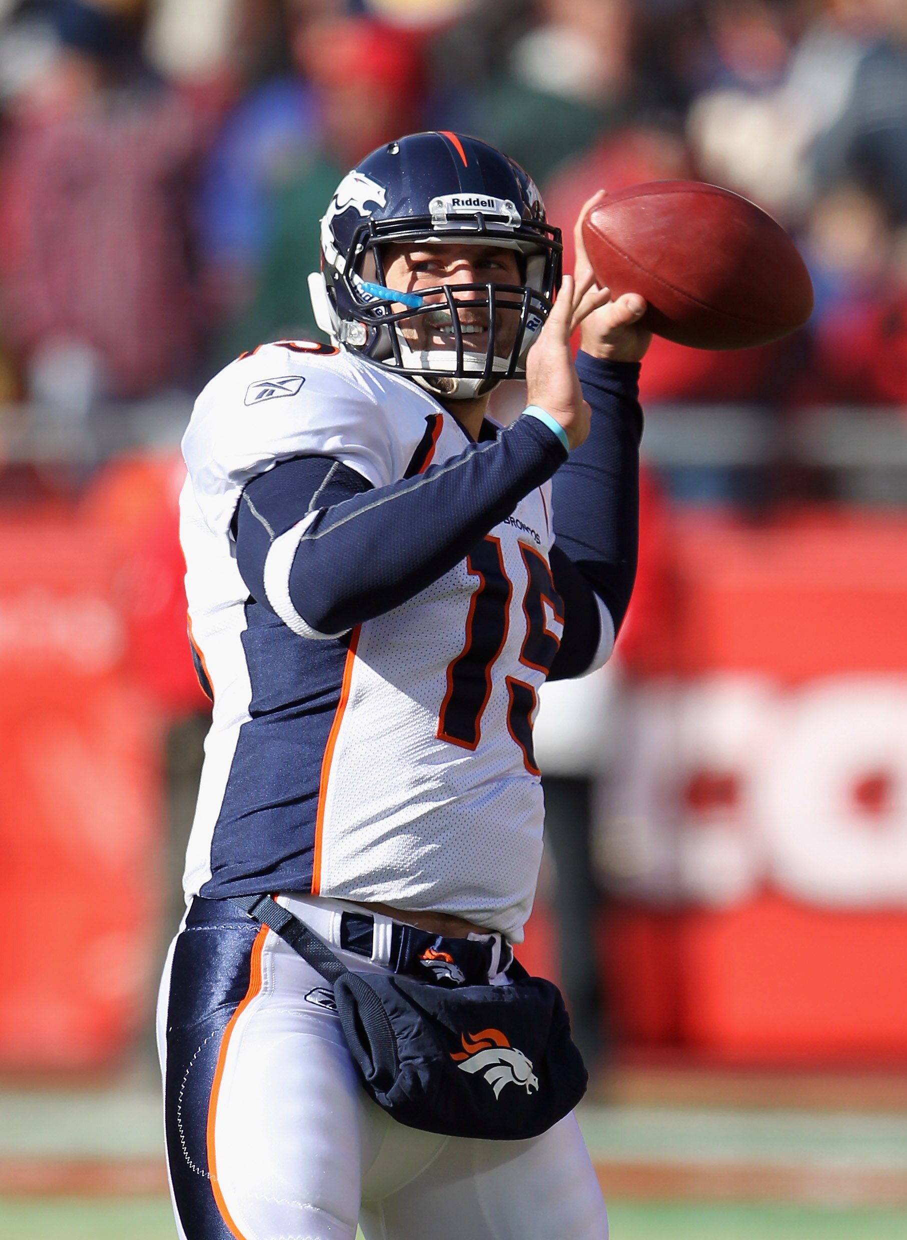 KANSAS CITY, MO - DECEMBER 05:  Quarterback Tim Tebow #15 of the Denver Broncos during warm-ups prior to the start of the game against the Kansas City Chiefs on December 5, 2010 at Arrowhead Stadium in Kansas City, Missouri.  (Photo by Jamie Squire/Getty
