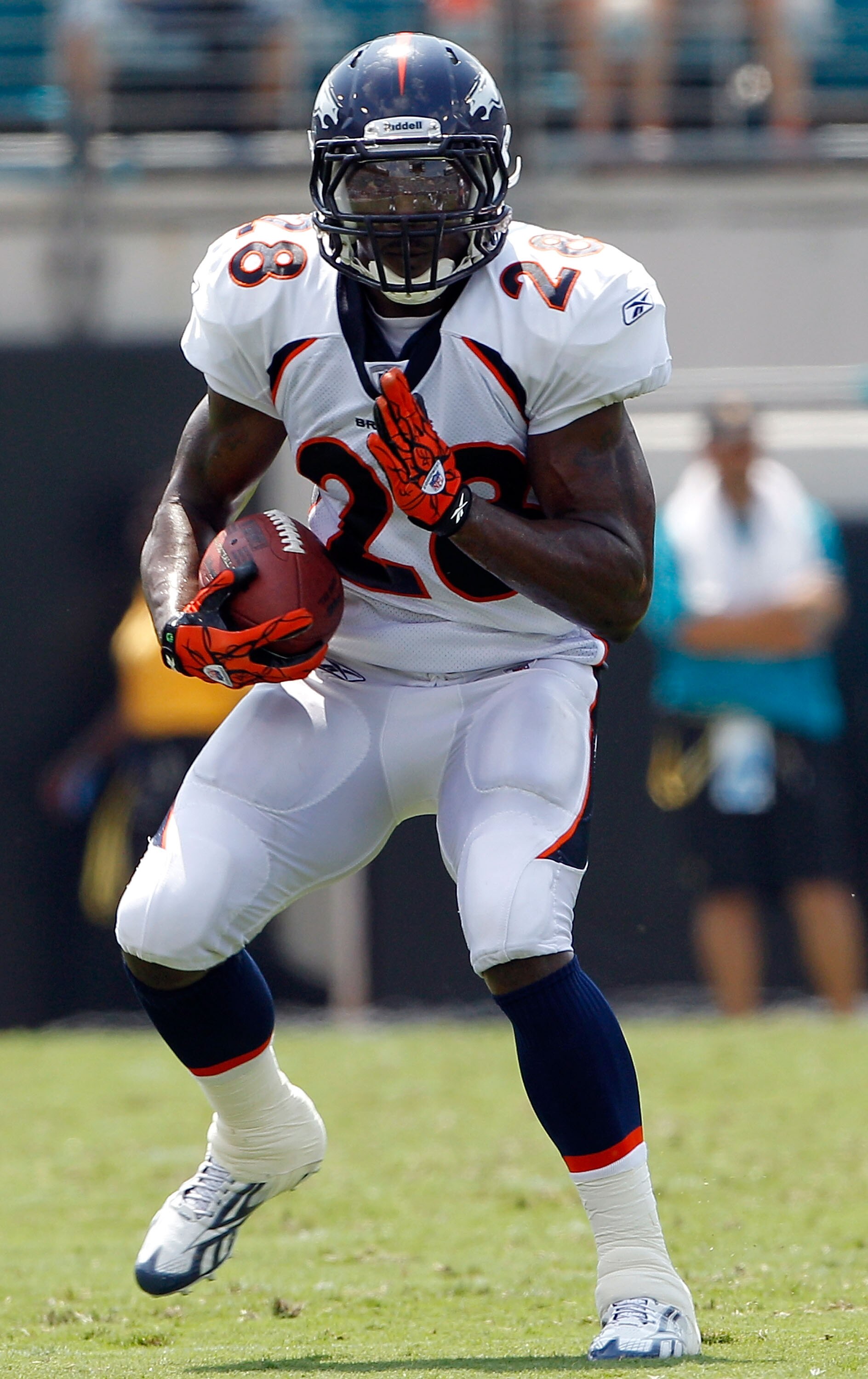 JACKSONVILLE, FL - SEPTEMBER 12:  Correll Buckhalter #28 of the Denver Broncos runs for yardage during the NFL season opener game against the Jacksonville Jaguars at EverBank Field on September 12, 2010 in Jacksonville, Florida.  (Photo by Sam Greenwood/G