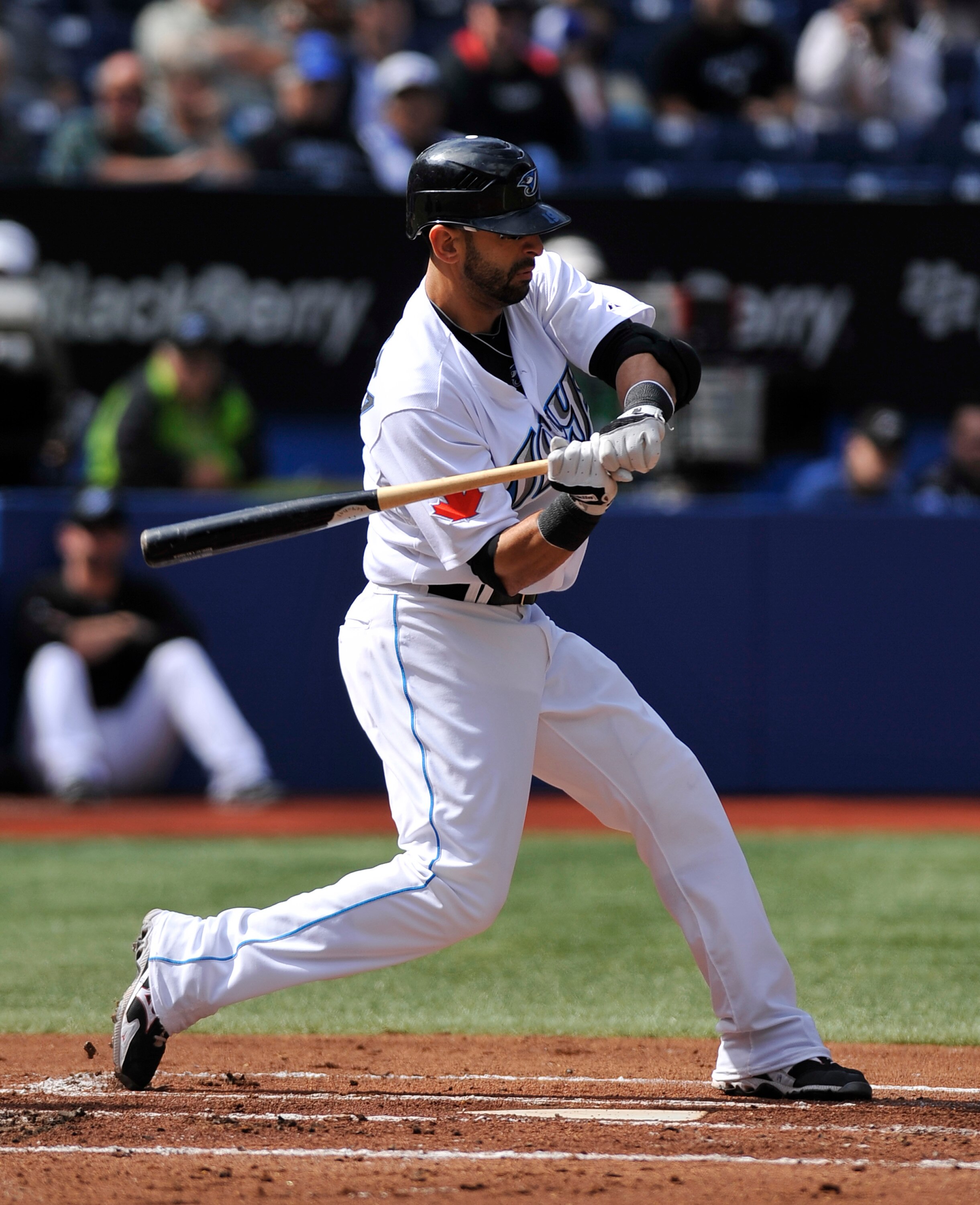 TORONTO - SEPTEMBER 23:   Jose Bautista #19 of the Toronto Blue Jays bats during the game against the Seattle Mariners on September 23, 2010 at Rogers Centre in Toronto, Ontario, Canada. The Blue Jays defeated the Mariners 1-0. (Photo by Brad White/Getty