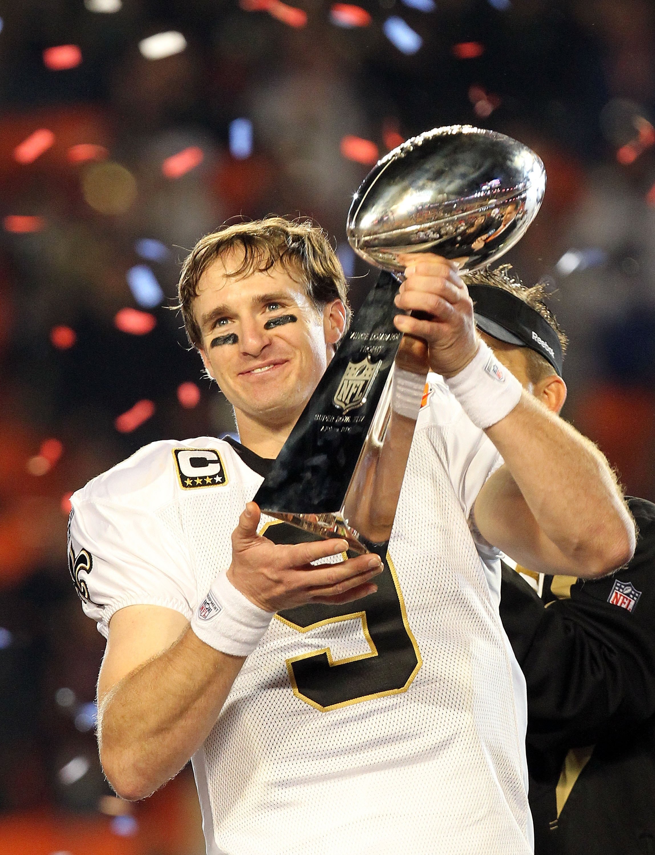 MIAMI GARDENS, FL - FEBRUARY 07:  Quarterback Drew Brees #9 of the New Orleans Saints celebrates after his team defeated the Indianapolis Colts during Super Bowl XLIV on February 7, 2010 at Sun Life Stadium in Miami Gardens, Florida.  (Photo by Ronald Mar