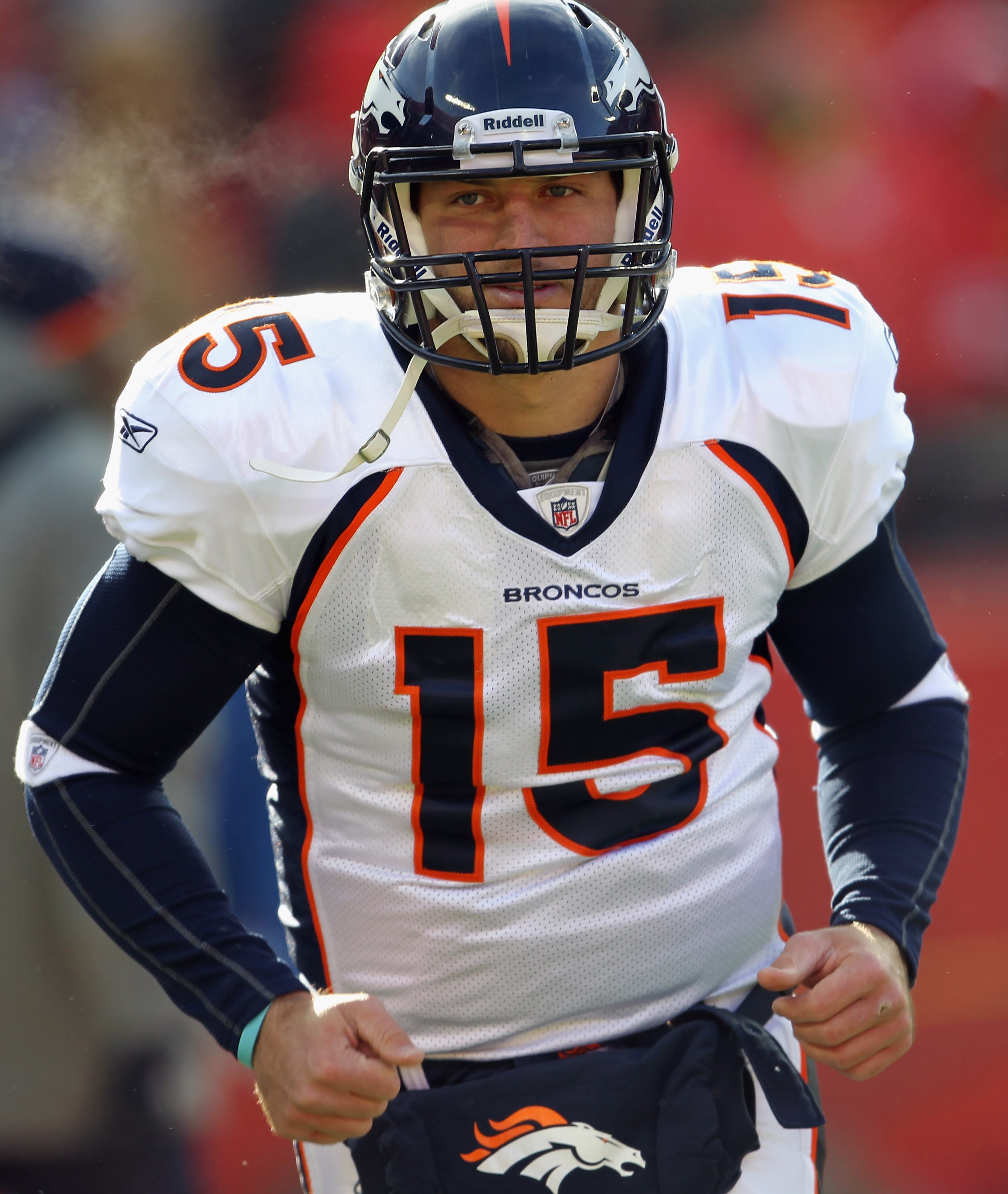 KANSAS CITY, MO - DECEMBER 05:  Quarterback Tim Tebow #15 of the Denver Broncos during warm-ups prior to the start of the game against the Kansas City Chiefs on December 5, 2010 at Arrowhead Stadium in Kansas City, Missouri.  (Photo by Jamie Squire/Getty