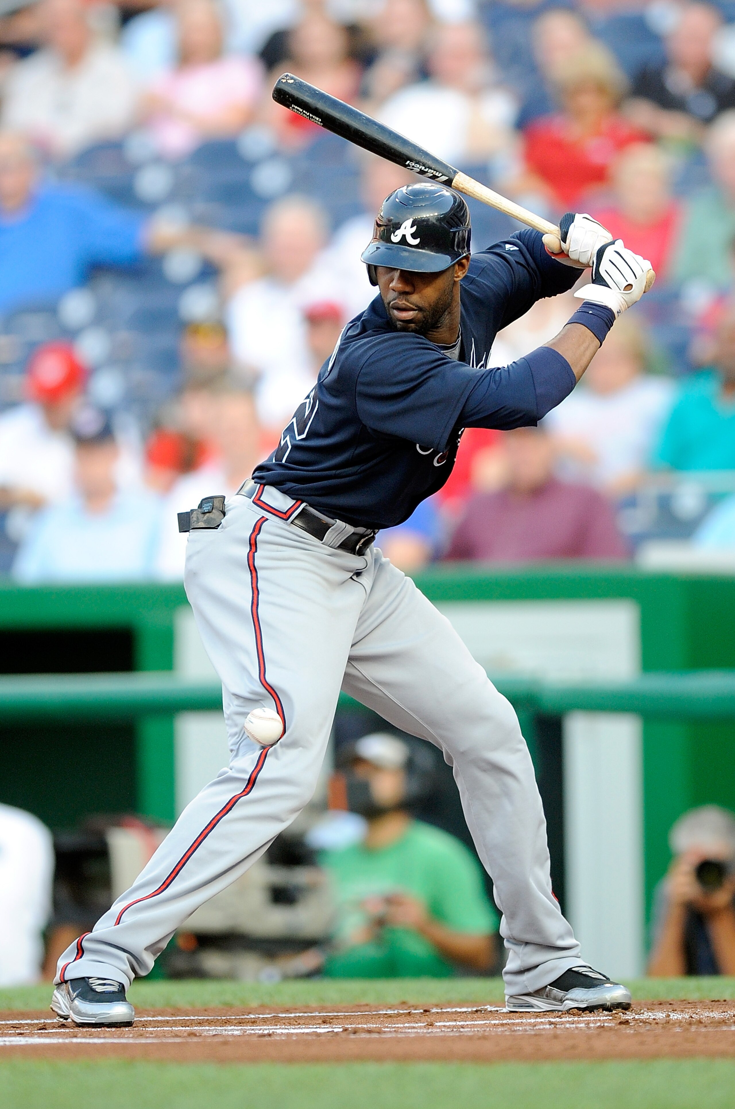 WASHINGTON - JULY 27:  Jason Heyward #22 of the Atlanta Braves is hit by a pitch in the first inning against the Washington Nationals at Nationals Park on July 27, 2010 in Washington, DC.  (Photo by Greg Fiume/Getty Images)