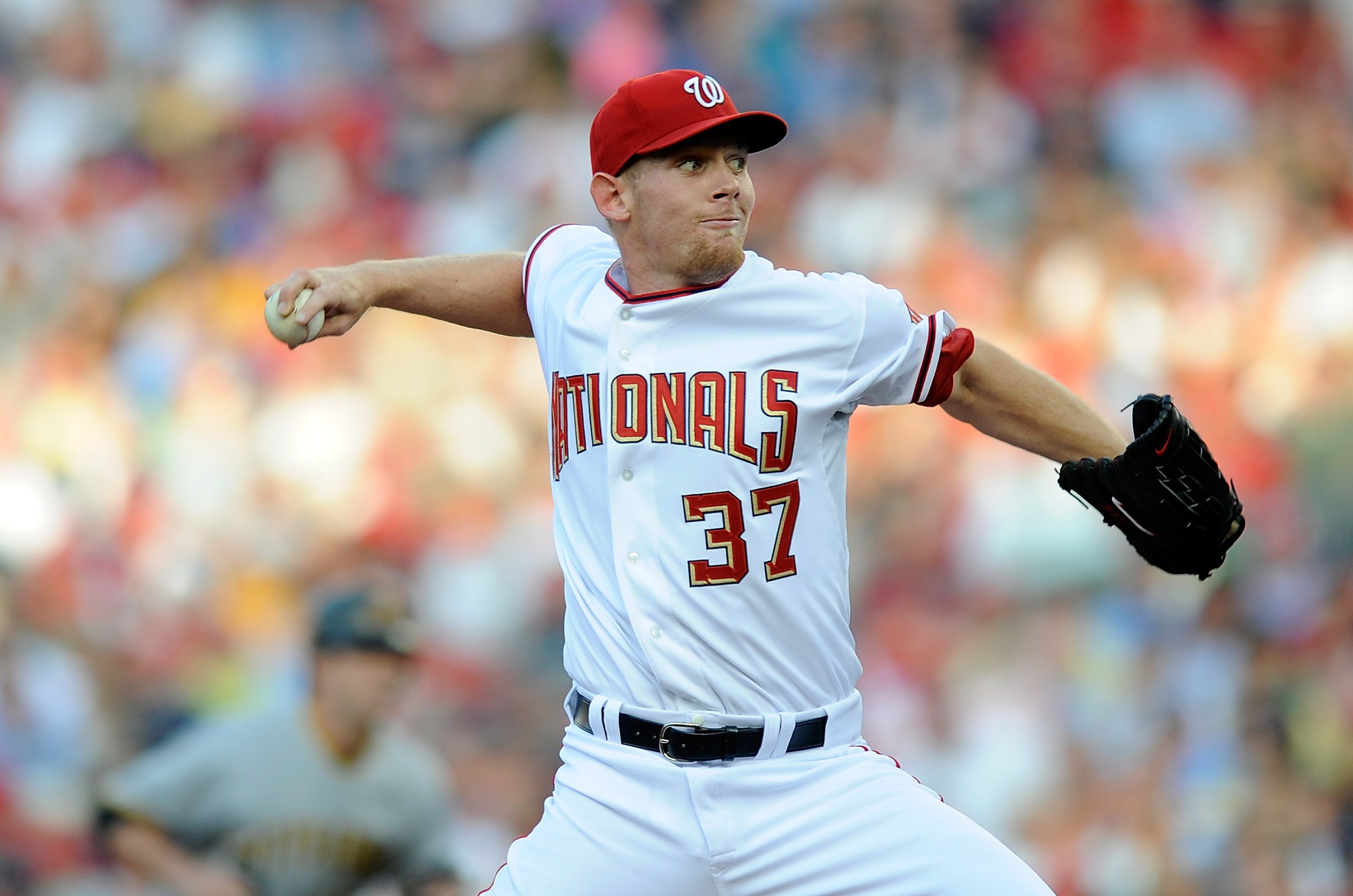 WASHINGTON - JUNE 08:  Stephen Strasburg #37 of the Washington Nationals pitches in the second inning against the Pittsburgh Pirates at Nationals Park on June 8, 2010 in Washington, DC.  (Photo by Greg Fiume/Getty Images)