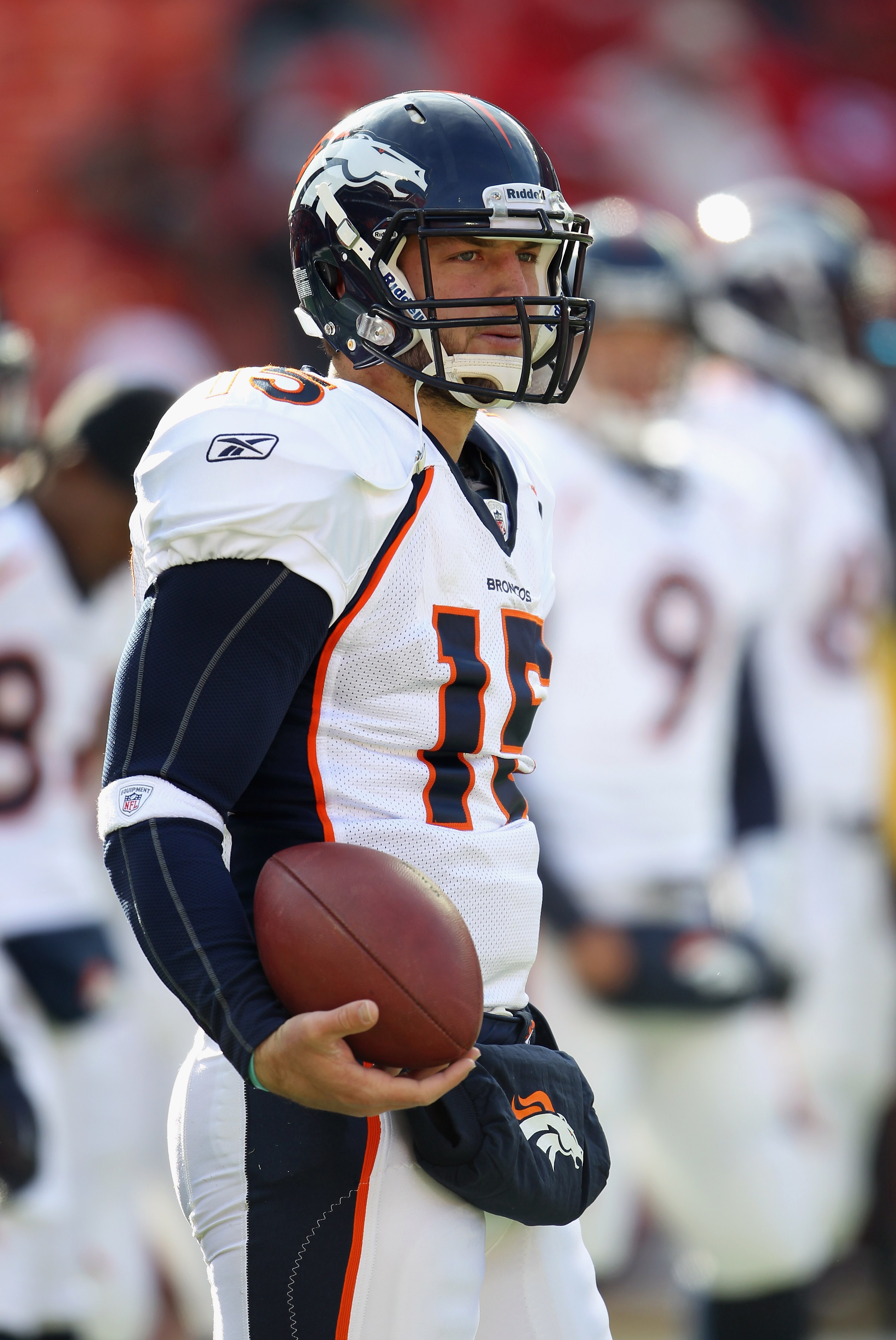 KANSAS CITY, MO - DECEMBER 05:  Quarterback Tim Tebow #15 of the Denver Broncos during warm-ups prior to the start of the game against the Kansas City Chiefs on December 5, 2010 at Arrowhead Stadium in Kansas City, Missouri.  (Photo by Jamie Squire/Getty