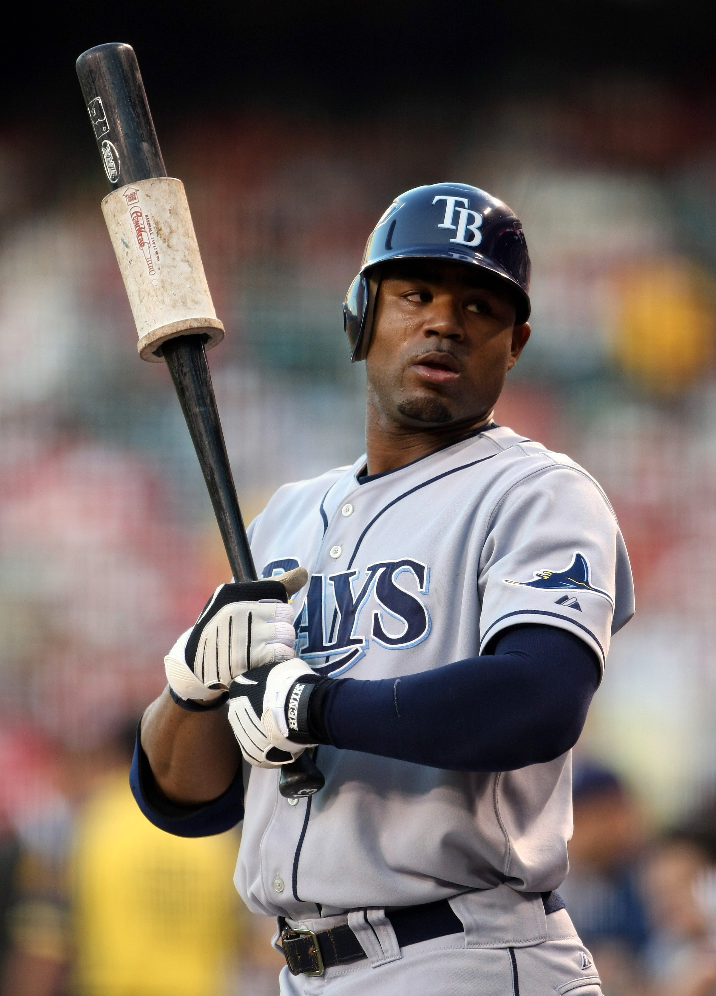 ANAHEIM, CA - AUGUST 11:   Carl Crawford #13 of the Tampa Bay Rays waits on deck in the game with the Los Angeles Angels of Anaheim at Angel Stadium August 11, 2009 in Anaheim, California.   (Photo by Stephen Dunn/Getty Images)