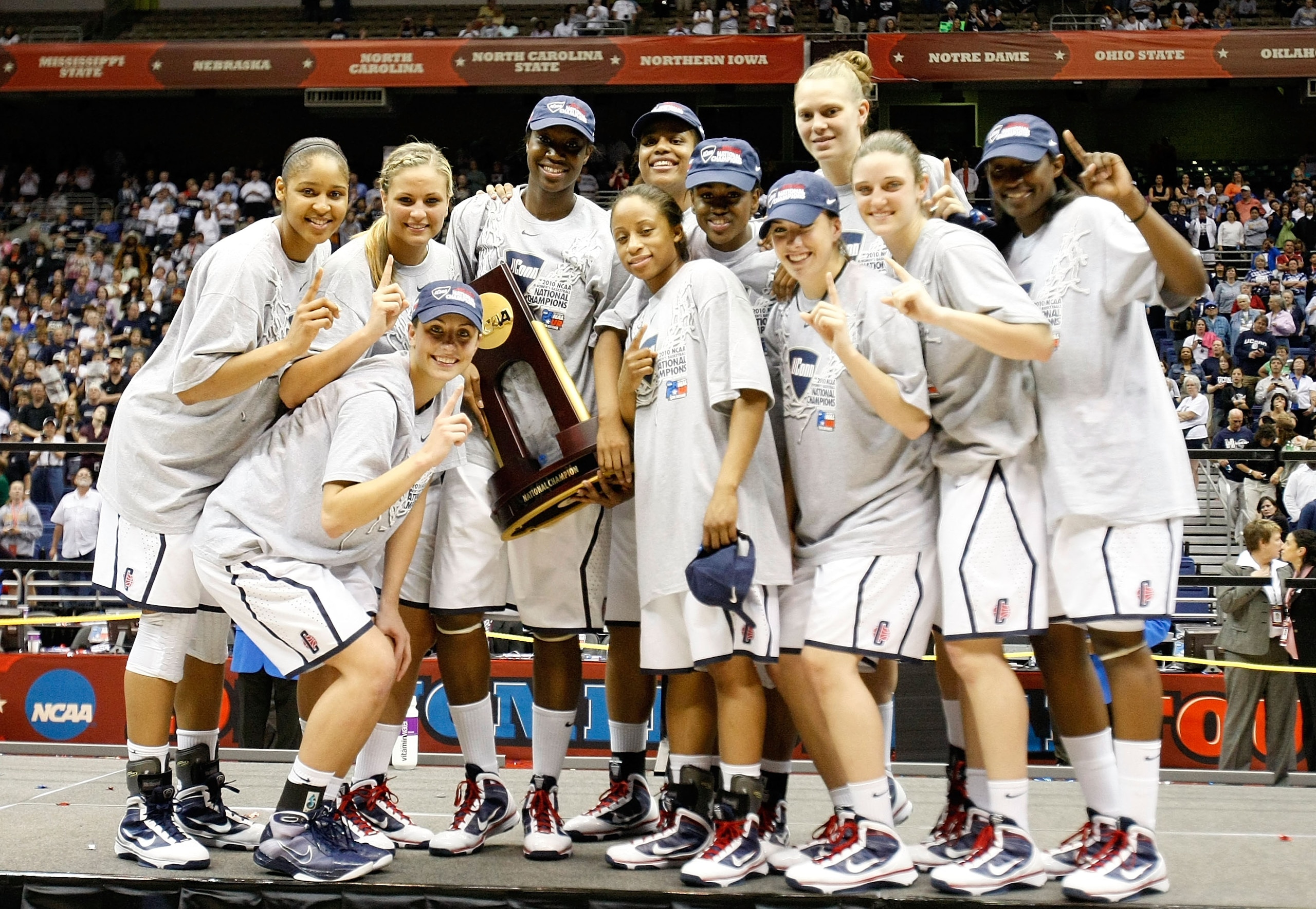 SAN ANTONIO - APRIL 06:  The Connecticut Huskies celebrate with the national championship trophy after a 53-47 win against the Stanford Cardinal during the NCAA Women's Final Four Championship game at the Alamodome on April 6, 2010 in San Antonio, Texas.