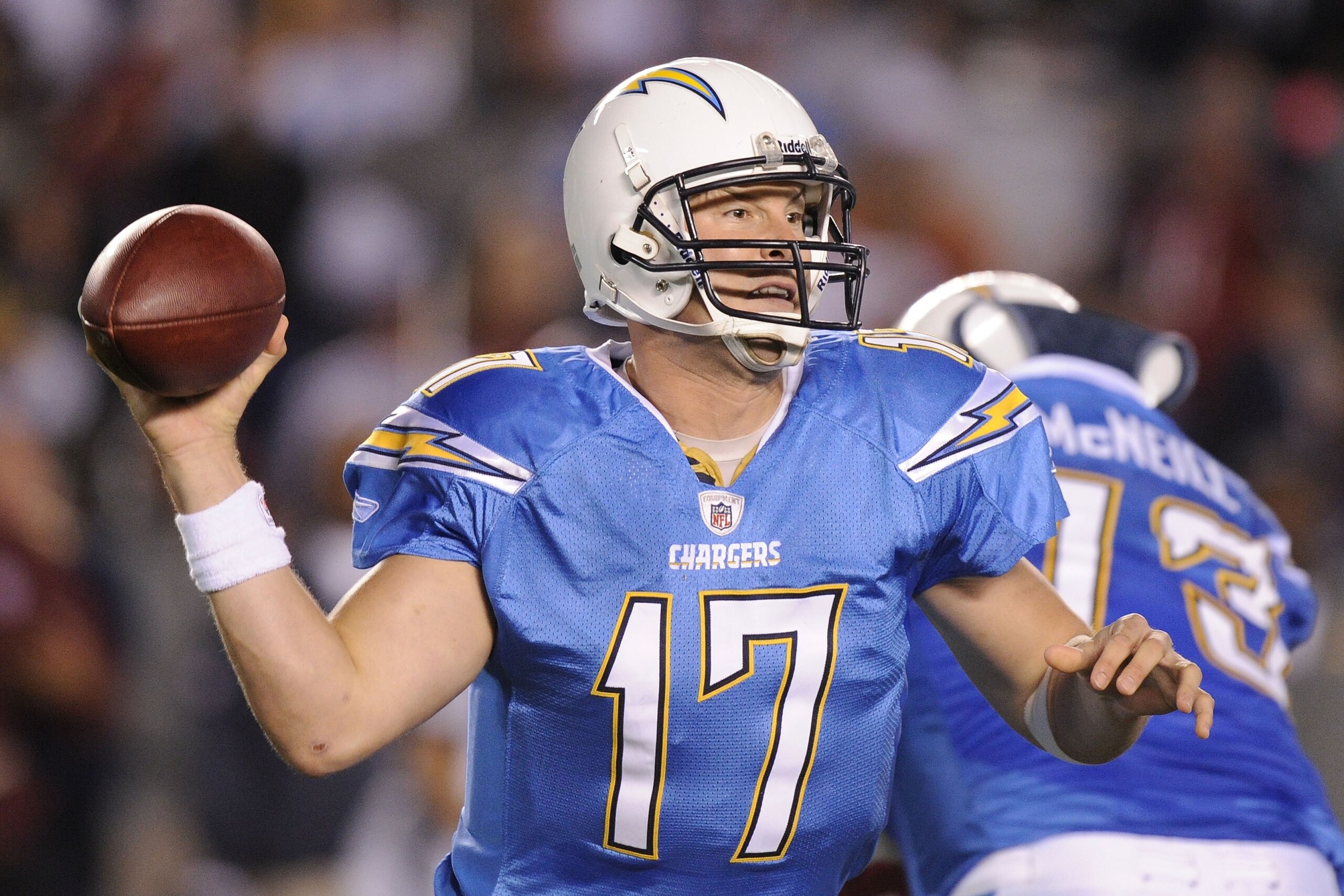 SAN DIEGO, CA - DECEMBER 16:  Quarterback Philip Rivers #17 of the San Diego Chargers drops back to pass against the San Francisco 49ers at Qualcomm Stadium on December 16, 2010 in San Diego, California.  (Photo by Harry How/Getty Images)