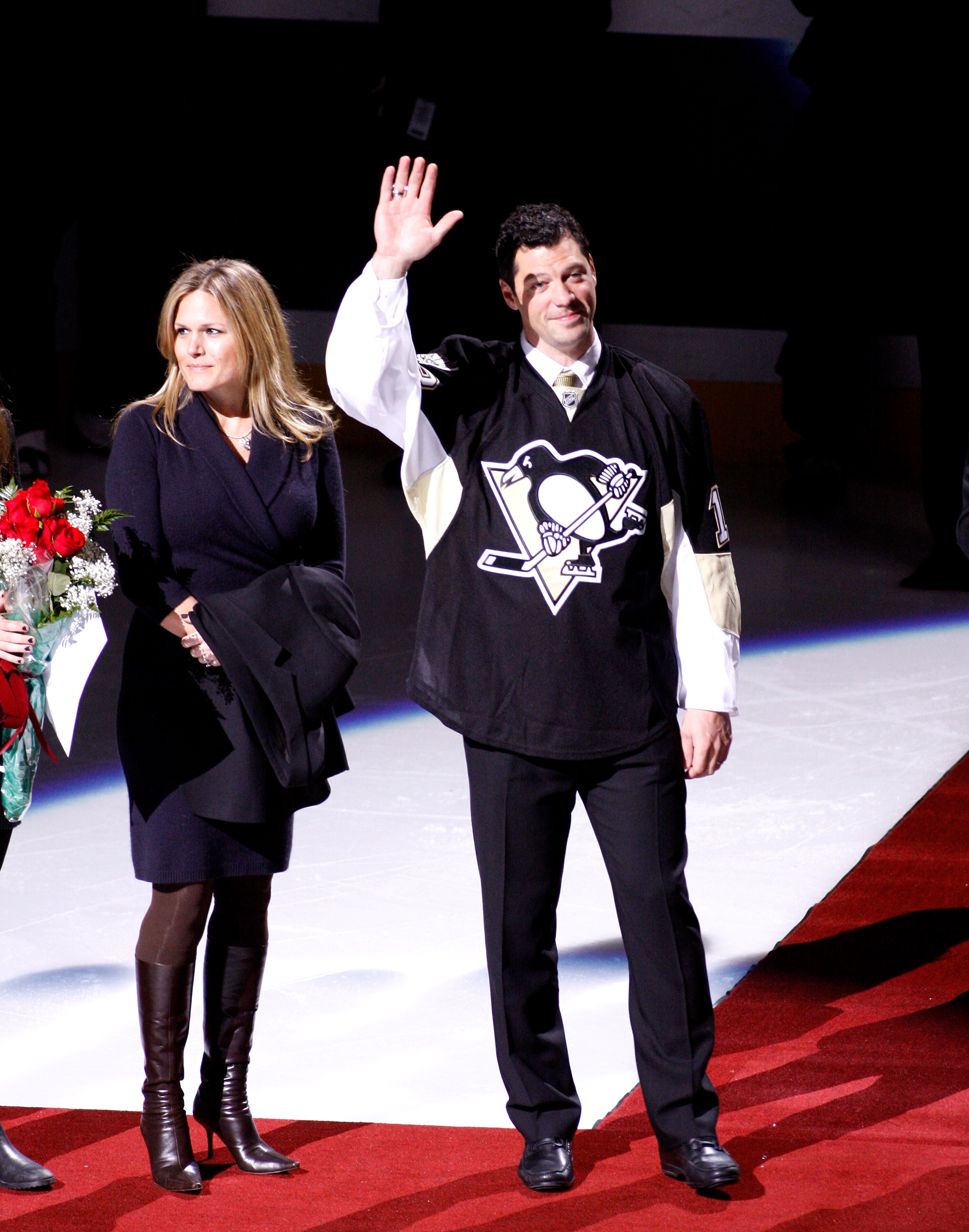 PITTSBURGH, PA - DECEMBER 06:  Bill Guerin waves to the crowd during his retirement ceremony before a game between the Pittsburgh Penguins and the New Jersey Devils at Consol Energy Center on December 6, 2010 in Pittsburgh, Pennsylvania.  (Photo by Justin