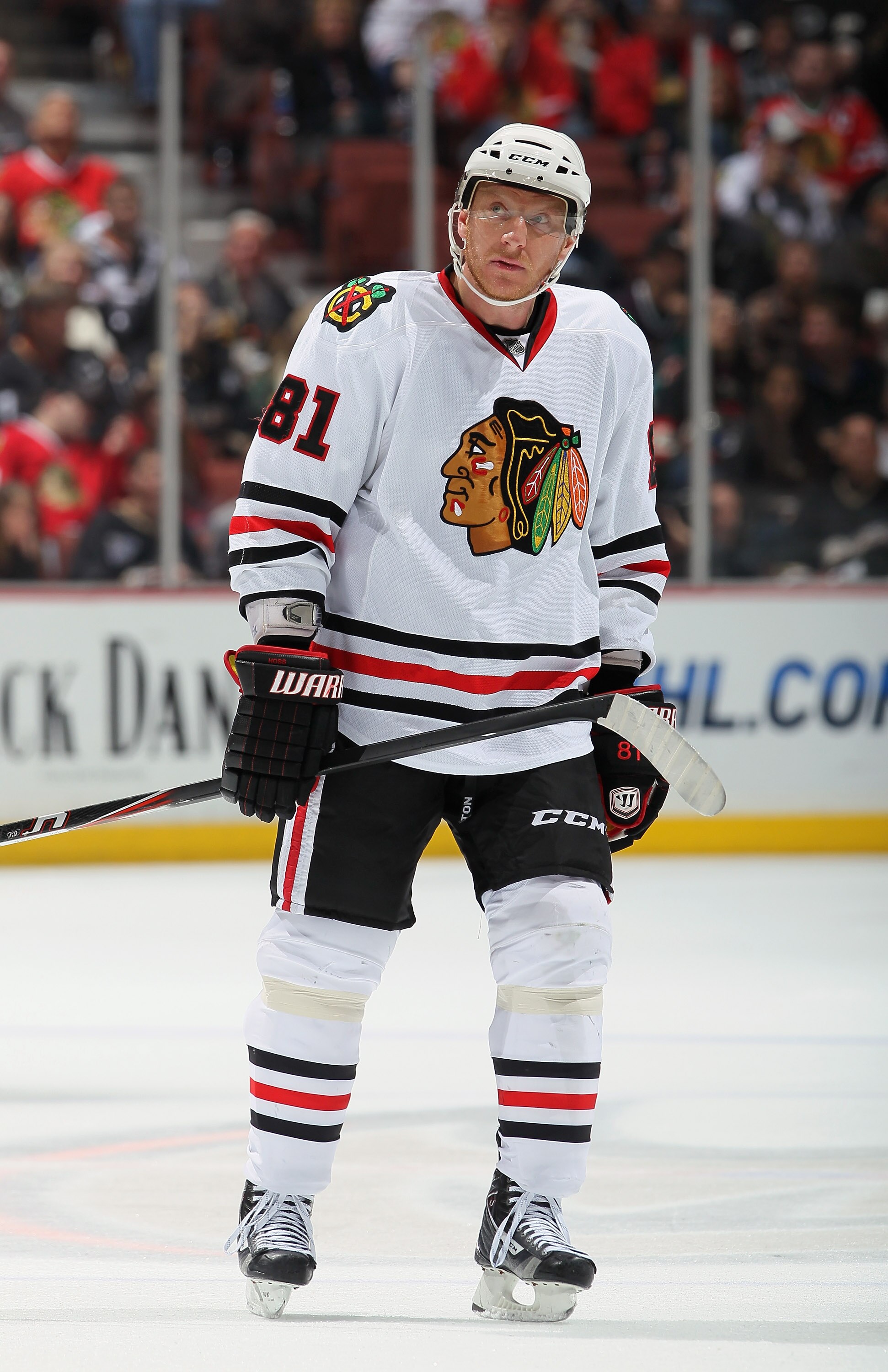 ANAHEIM, CA - NOVEMBER 26:  Marian Hossa #81 of the Chicago Blackhawks looks on against the Anaheim Ducks at the Honda Center on November 26, 2010 in Anaheim, California.  (Photo by Jeff Gross/Getty Images)