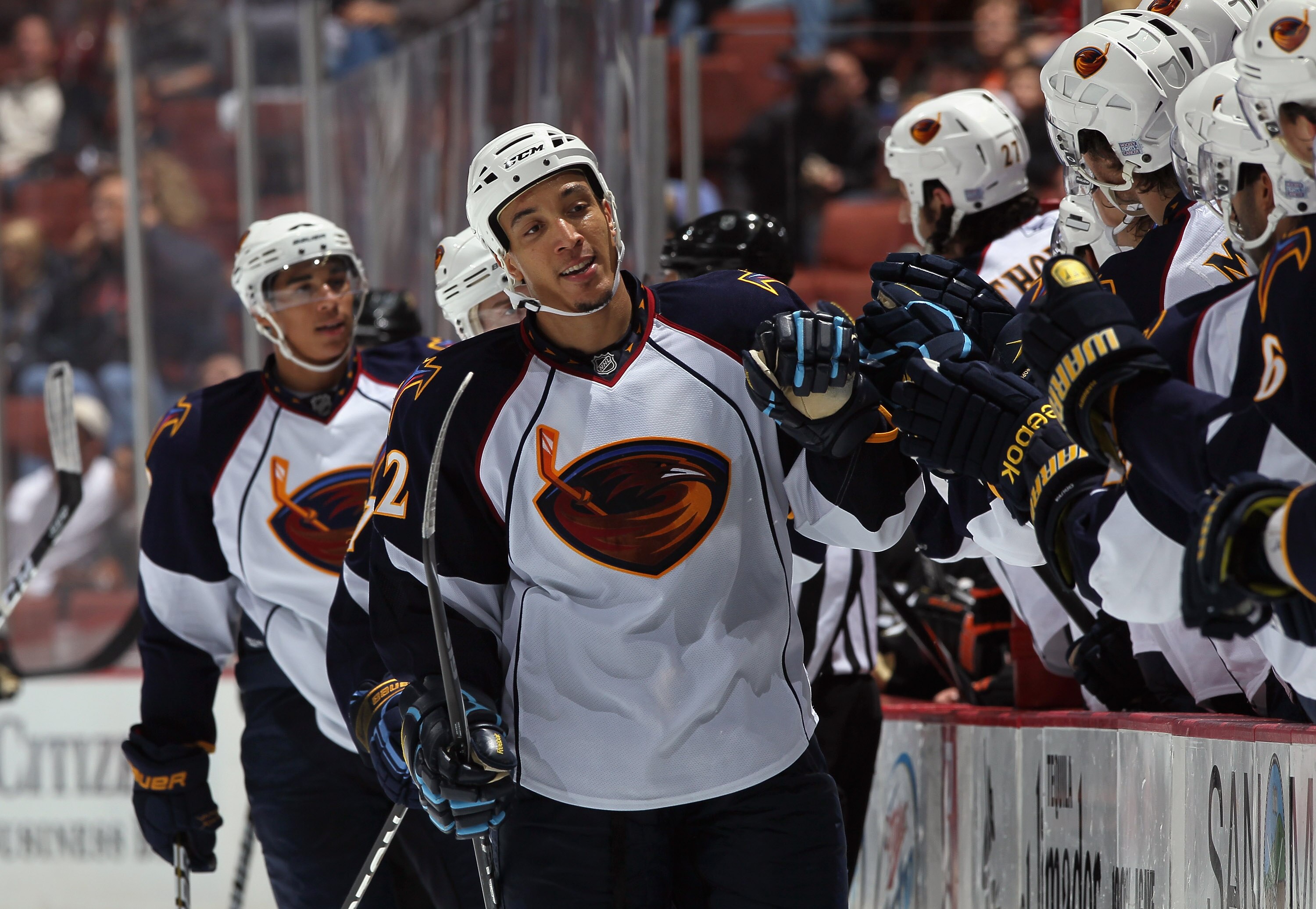 ANAHEIM, CA - OCTOBER 15:  Anthony Stewart #22 of the Atlanta Thrashers celebrates a goal against the Anaheim Ducks at Honda Center on October 15, 2010 in Anaheim, California.  (Photo by Jeff Gross/Getty Images)
