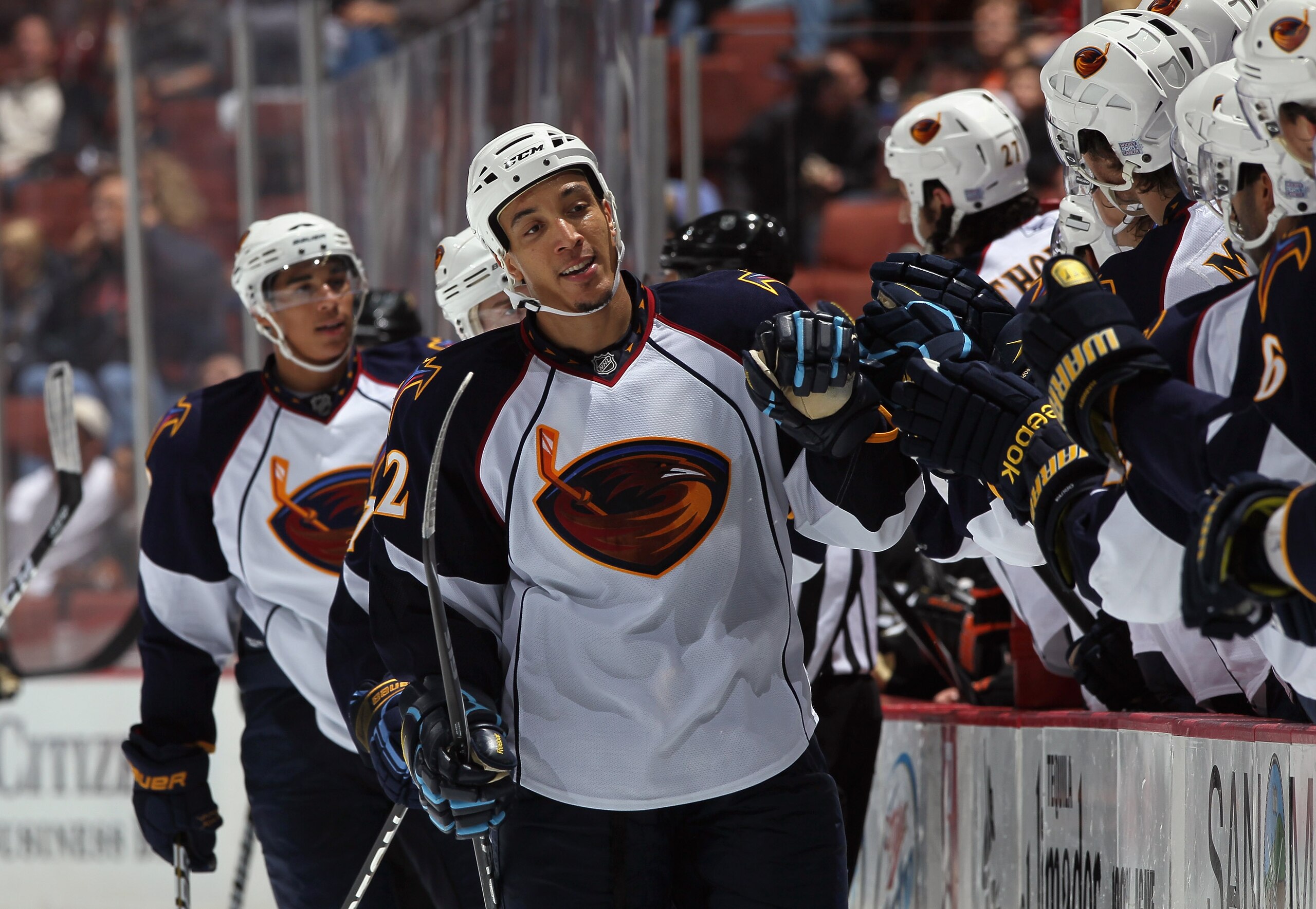ANAHEIM, CA - OCTOBER 15:  Anthony Stewart #22 of the Atlanta Thrashers celebrates a goal against the Anaheim Ducks at Honda Center on October 15, 2010 in Anaheim, California.  (Photo by Jeff Gross/Getty Images)