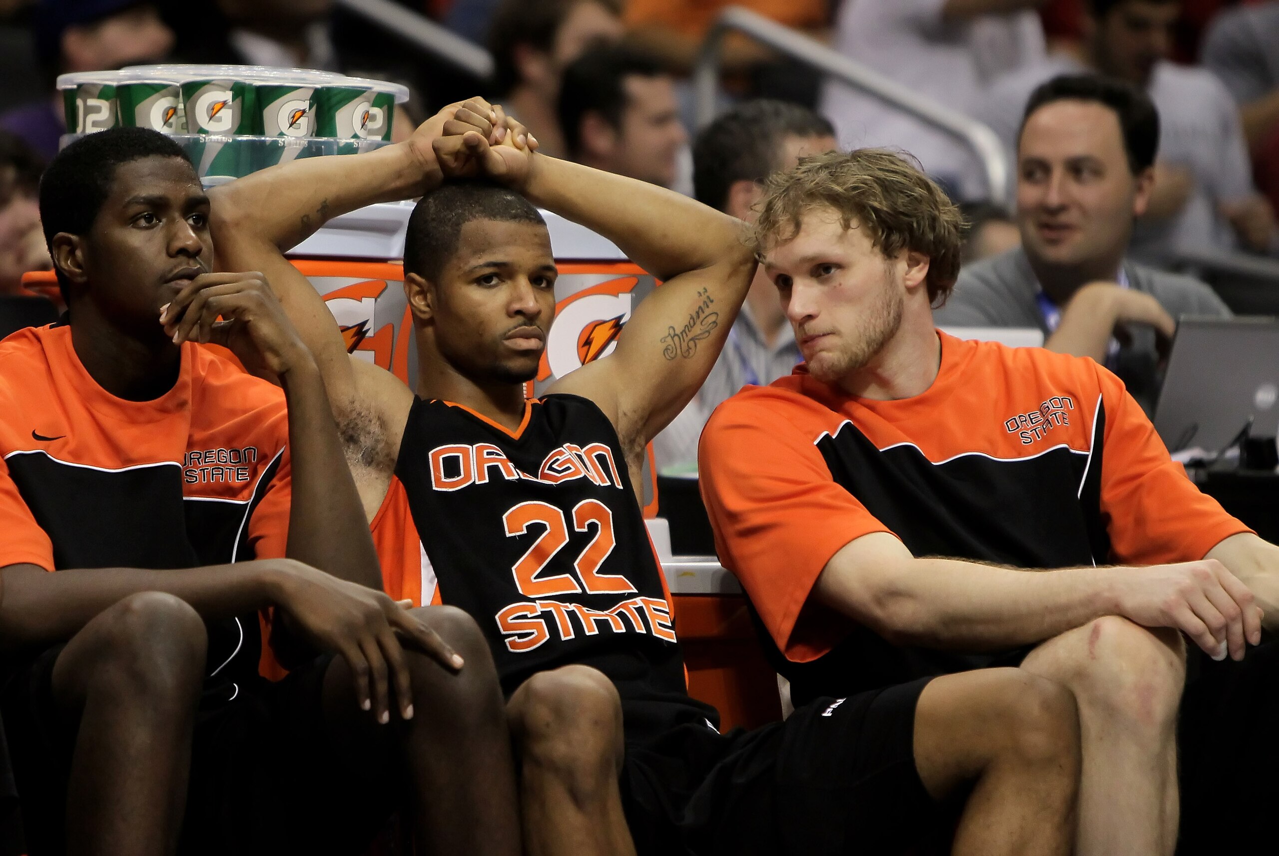 LOS ANGELES, CA - MARCH 11:  Calvin Haynes (center) #22 of the Oregon State Beavers is dejected against the Washington Huskies during the Quarterfinals of the Pac-10 Basketball Tournament at Staples Center on March 11, 2010 in Los Angeles, California. Was