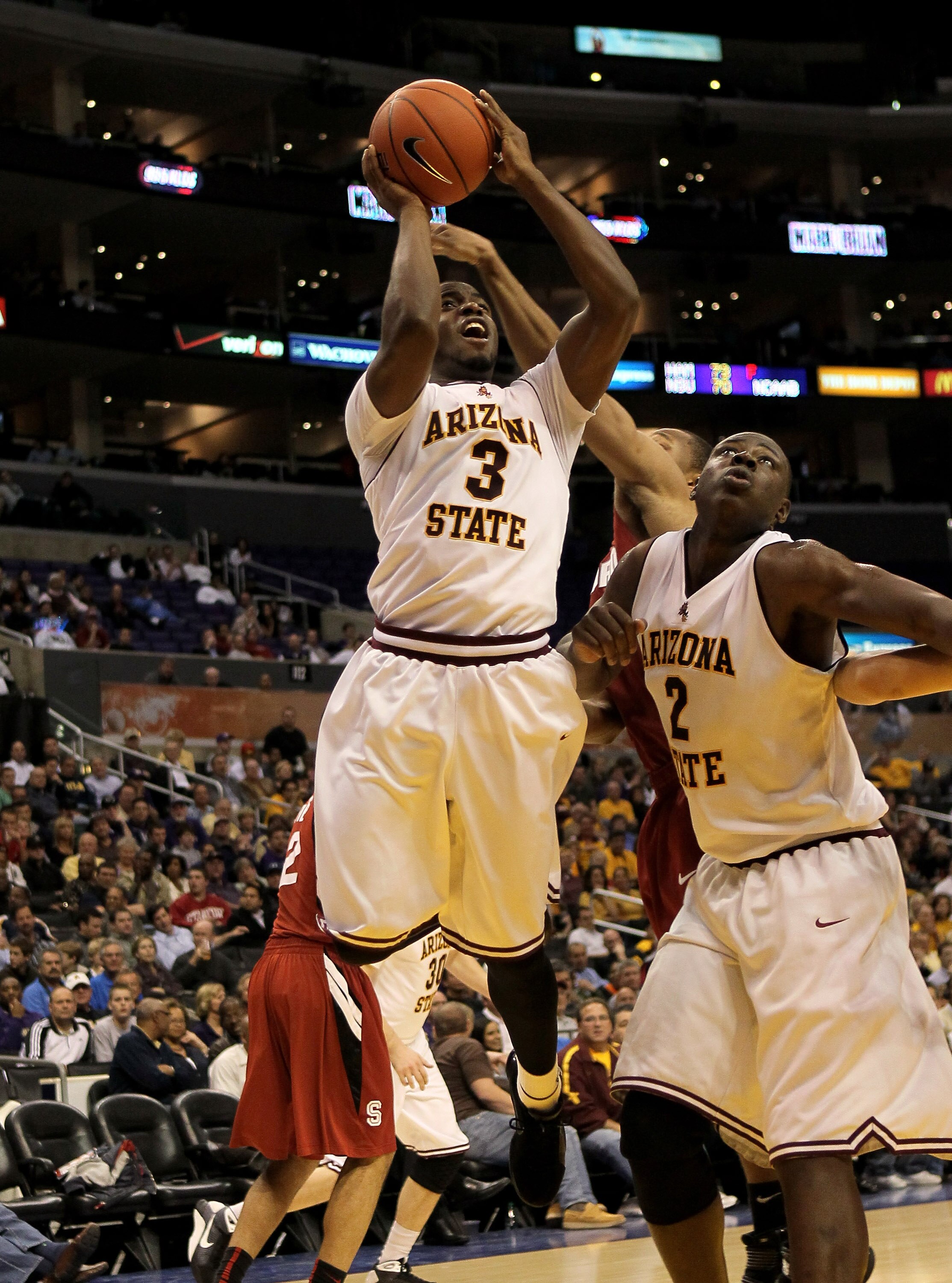 LOS ANGELES - MARCH 11: Ty Abbott #3 of the Arizona State Sun Devils shoots against the Stanford Cardinal during the quarterfinals of the Pac-10 Basketball Tournament at Staples Center on March 11, 2010 in Los Angeles, California.  Stanford won 70-61.  (P