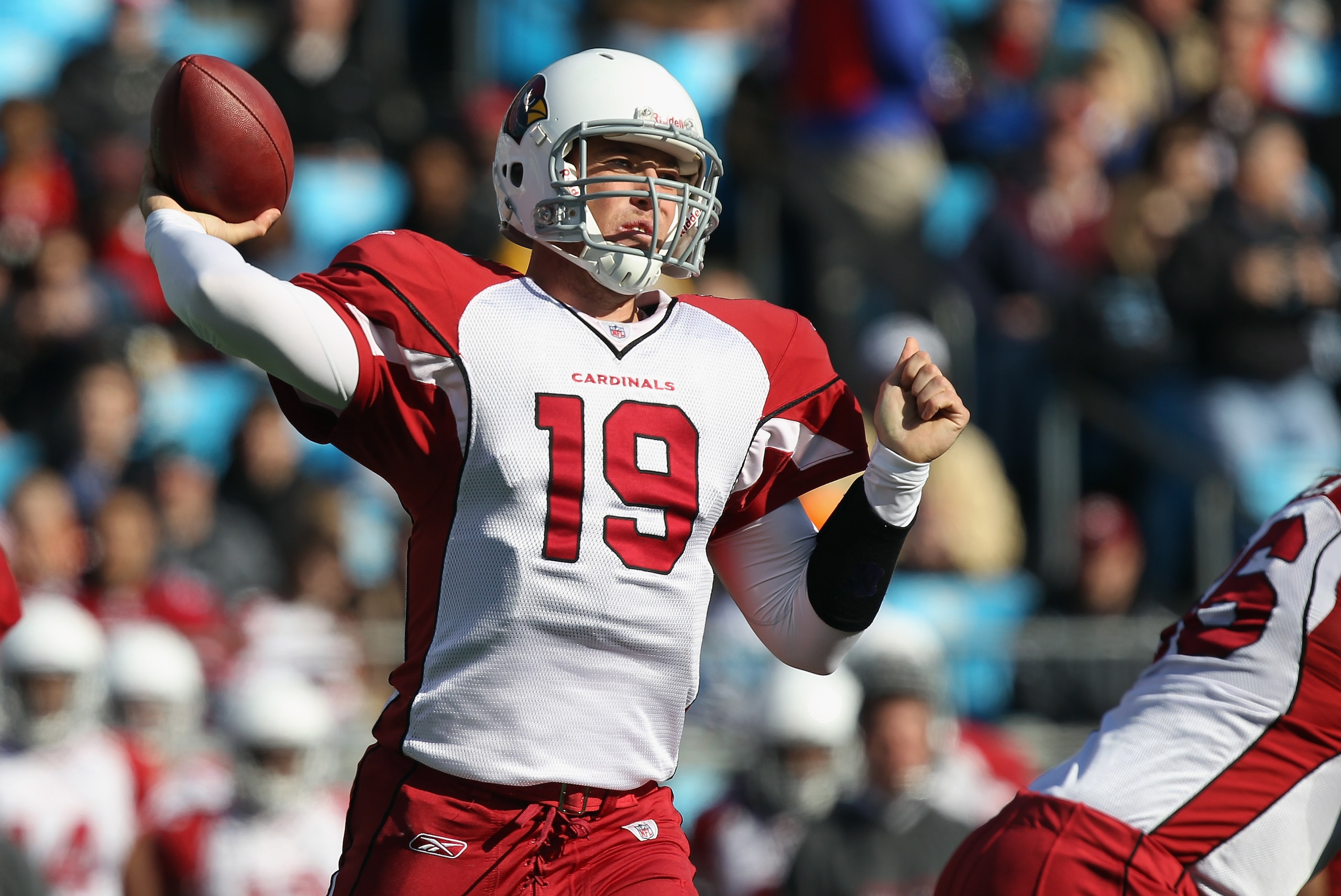 CHARLOTTE, NC - DECEMBER 19:  John Skelton #19 of the Arizona Cardinals drops back to throw a pass against the Carolina Panthers during their game at Bank of America Stadium on December 19, 2010 in Charlotte, North Carolina.  (Photo by Streeter Lecka/Gett