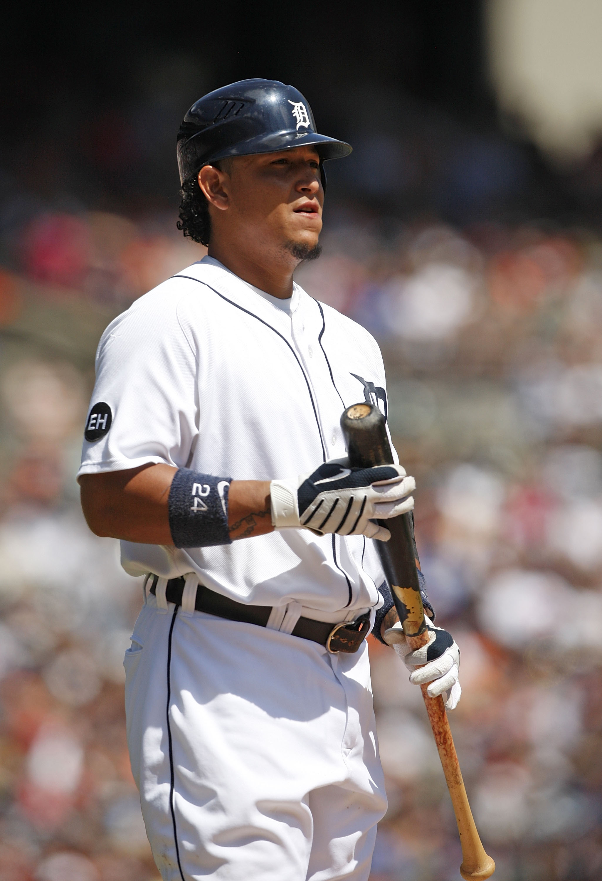DETROIT - JULY 25:  Miguel Cabrera #24 of the Detroit Tigers gets ready to bat during the first inning against the Toronto Blue Jays on July 25, 2010 at Comerica Park in Detroit, Michigan. The Blue Jays defeated the Tigers 5-3.  (Photo by Leon Halip/Getty