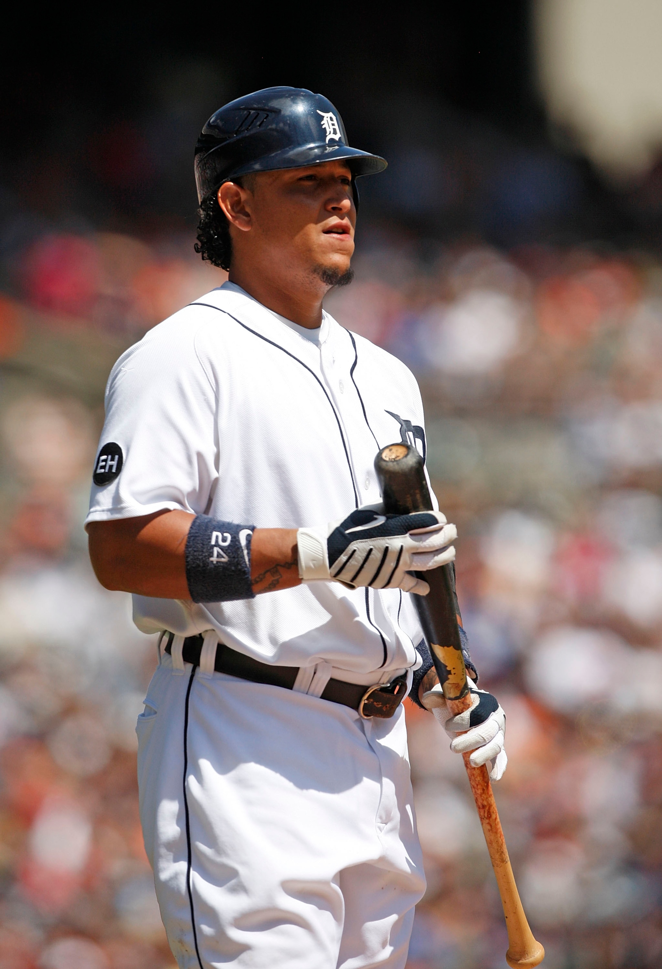 DETROIT - JULY 25:  Miguel Cabrera #24 of the Detroit Tigers gets ready to bat during the first inning against the Toronto Blue Jays on July 25, 2010 at Comerica Park in Detroit, Michigan. The Blue Jays defeated the Tigers 5-3.  (Photo by Leon Halip/Getty
