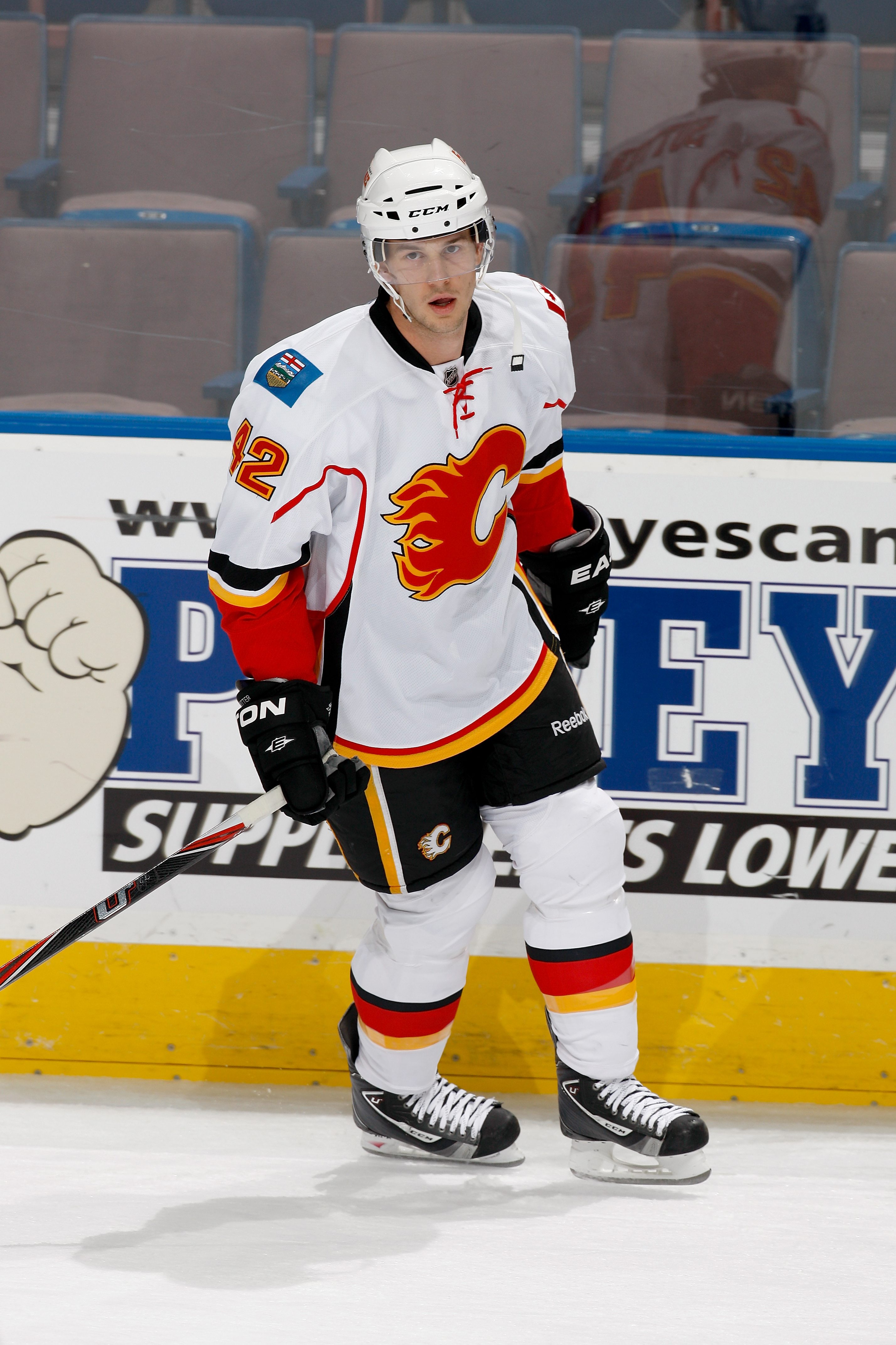 EDMONTON, CANADA - OCTOBER 1: Brett Sutter #42 of the Calgary Flames skates against the Edmonton Oilers on October 1, 2010 at Rexall Place in Edmonton, Alberta, Canada. (Photo by Dale MacMillan/Getty Images)