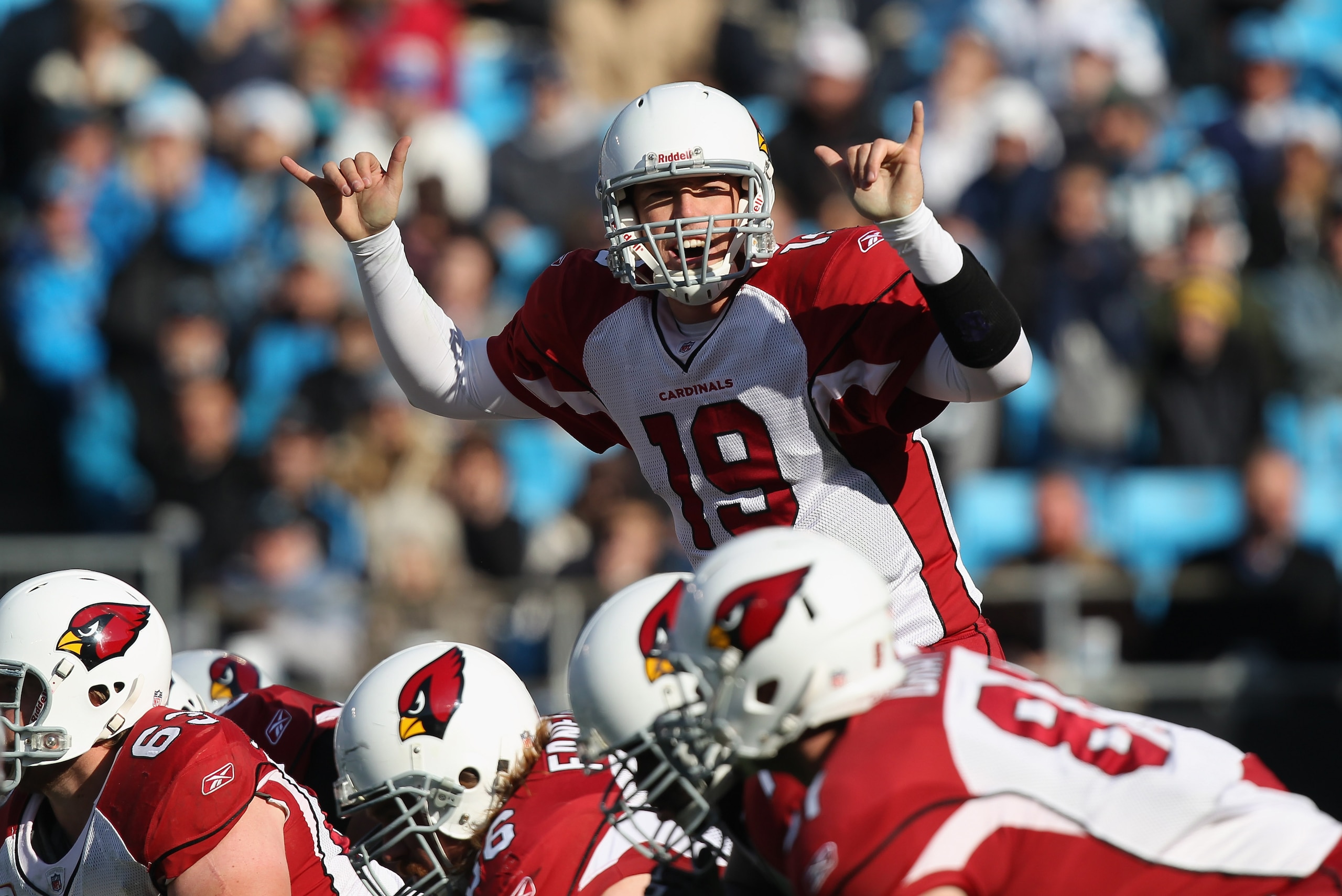 CHARLOTTE, NC - DECEMBER 19:  John Skelton #19 of the Arizona Cardinals call a play against the Carolina Panthers during their game at Bank of America Stadium on December 19, 2010 in Charlotte, North Carolina.  (Photo by Streeter Lecka/Getty Images)