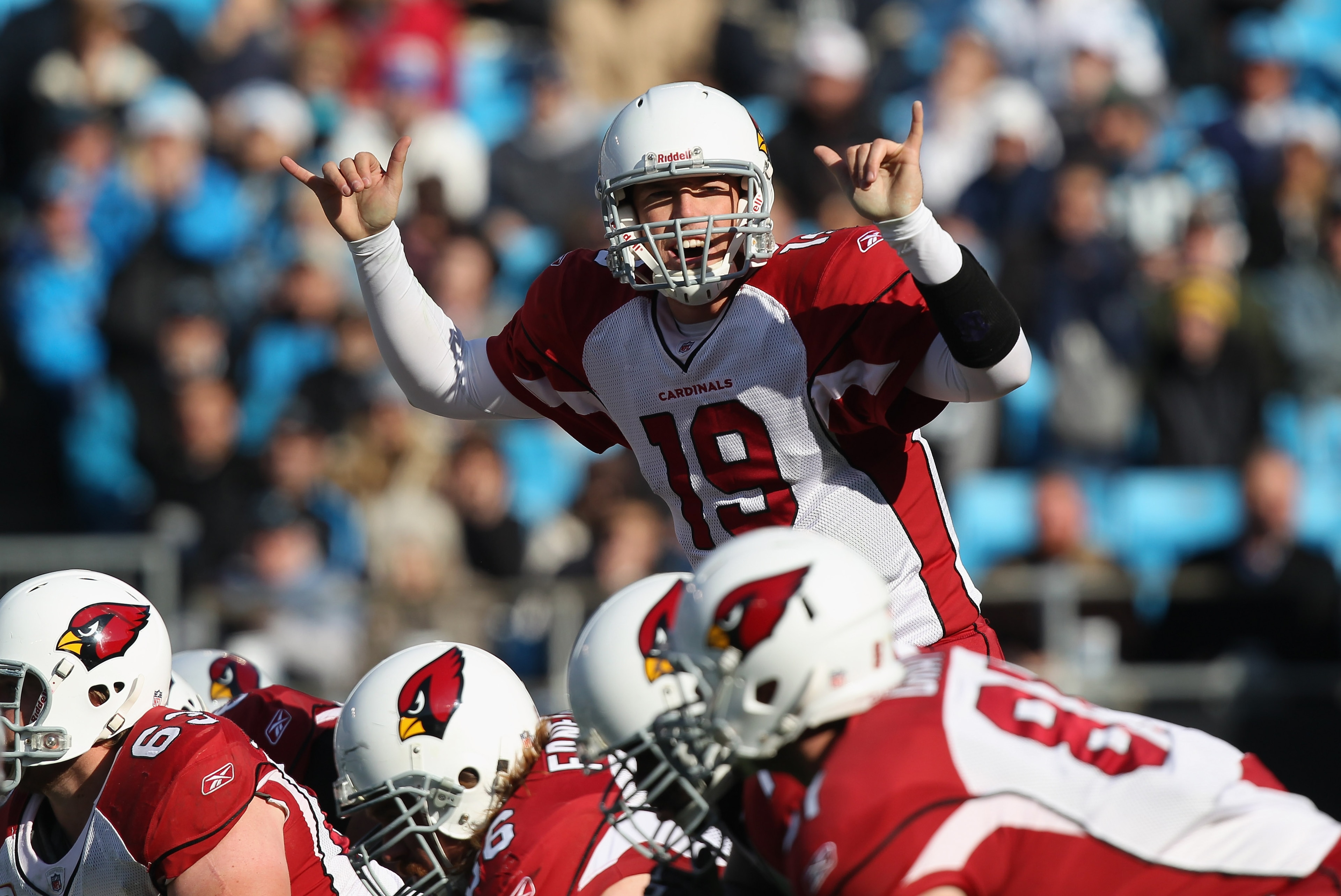 CHARLOTTE, NC - DECEMBER 19:  John Skelton #19 of the Arizona Cardinals call a play against the Carolina Panthers during their game at Bank of America Stadium on December 19, 2010 in Charlotte, North Carolina.  (Photo by Streeter Lecka/Getty Images)