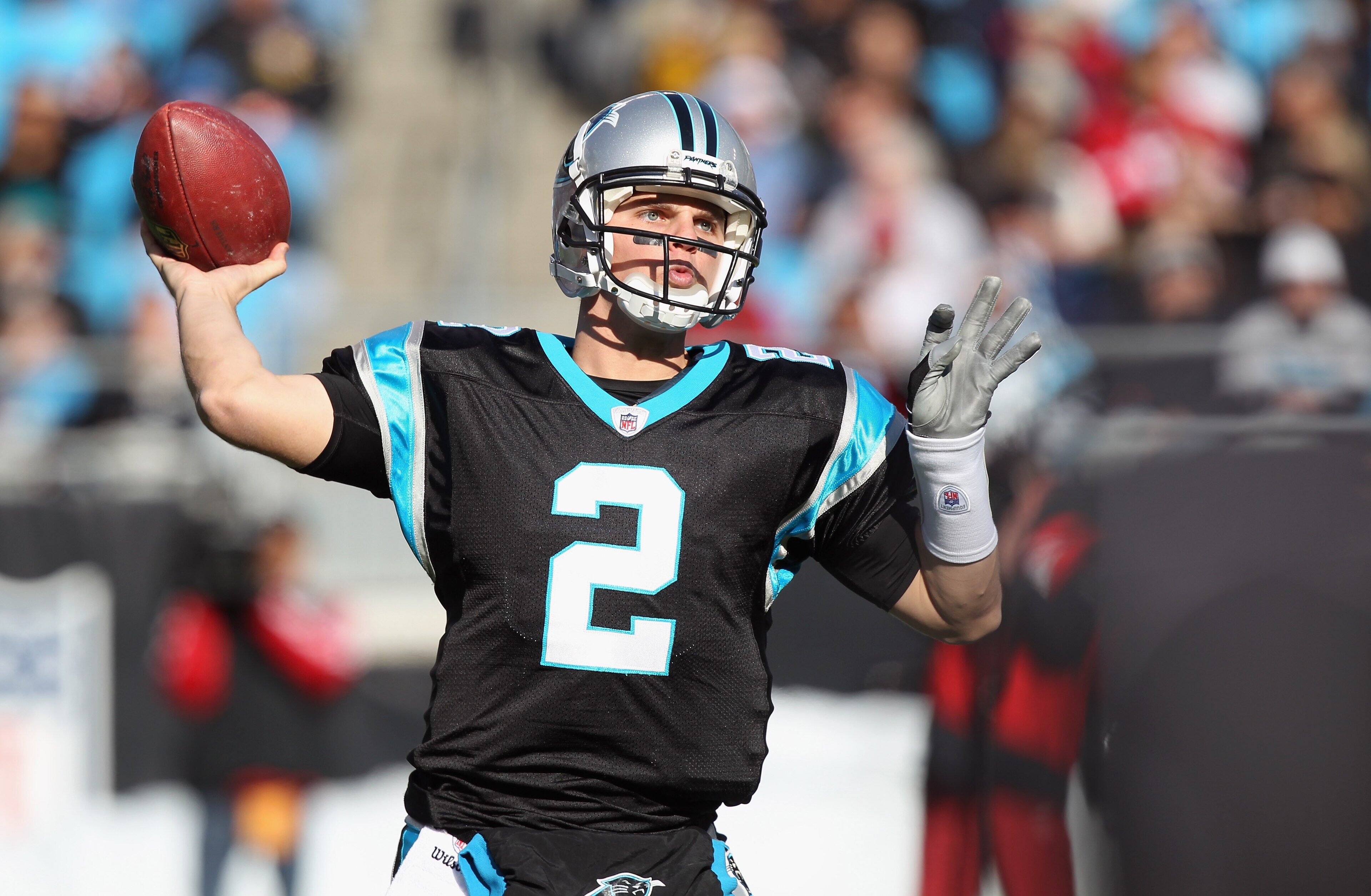 CHARLOTTE, NC - DECEMBER 19:  Jimmy Clausen #2 of the Carolina Panthers drops back to throw a pass during their game against the Arizona Cardinals at Bank of America Stadium on December 19, 2010 in Charlotte, North Carolina.  (Photo by Streeter Lecka/Gett