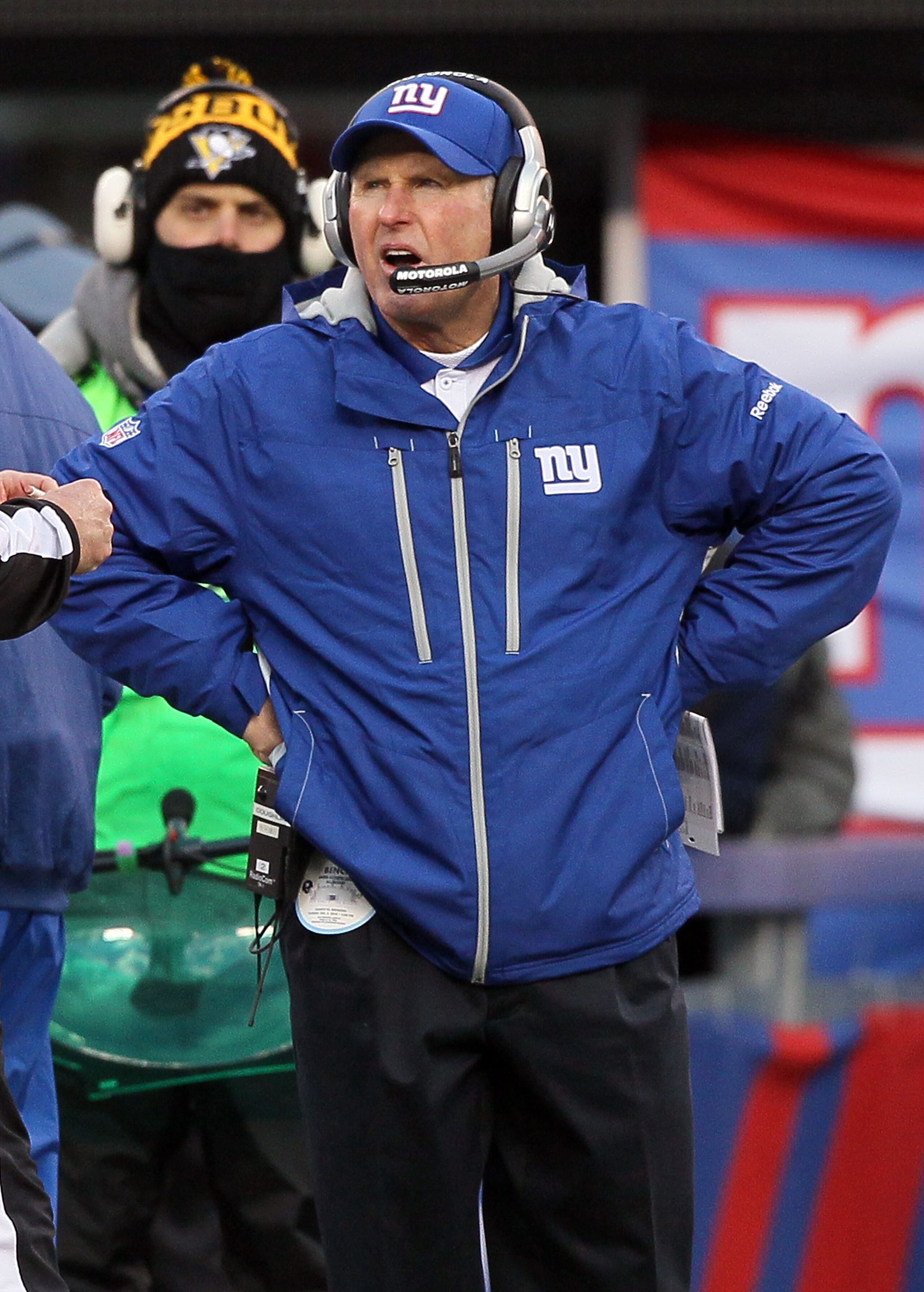 EAST RUTHERFORD, NJ - DECEMBER 05:  Head coach Tom Coughlin of the New York Giants looks on agianst the Washington Redskins on December 5, 2010 at the New Meadowlands Stadium in East Rutherford, New Jersey. The Giants defeated the Redskins 31-7.  (Photo b