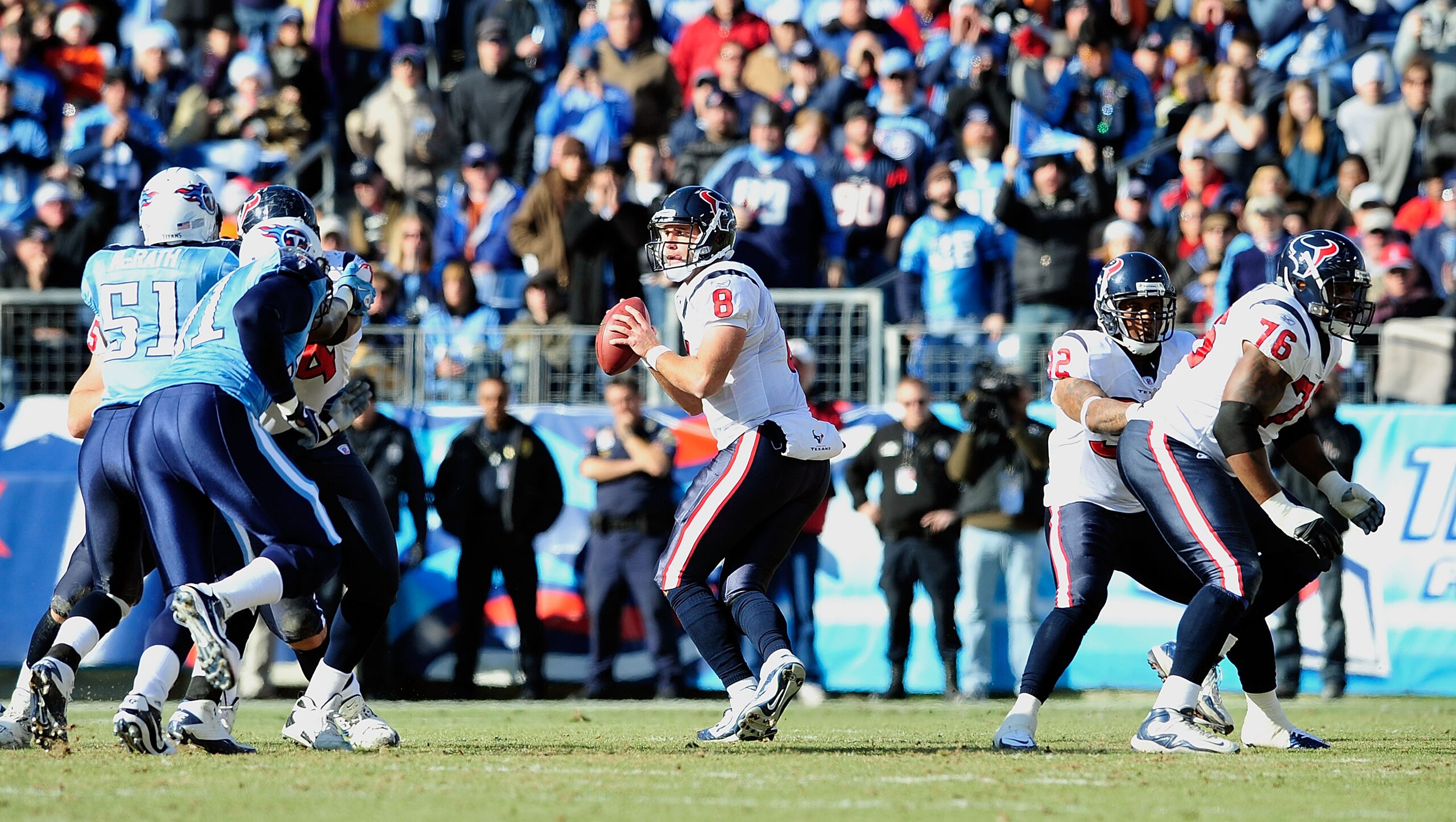 NASHVILLE, TN - DECEMBER 19:  Quarterback Matt Schaub #8 of the Houston Texans drops back to pass against the Tennessee Titans during the first half at LP Field on December 19, 2010 in Nashville, Tennessee.  (Photo by Grant Halverson/Getty Images)