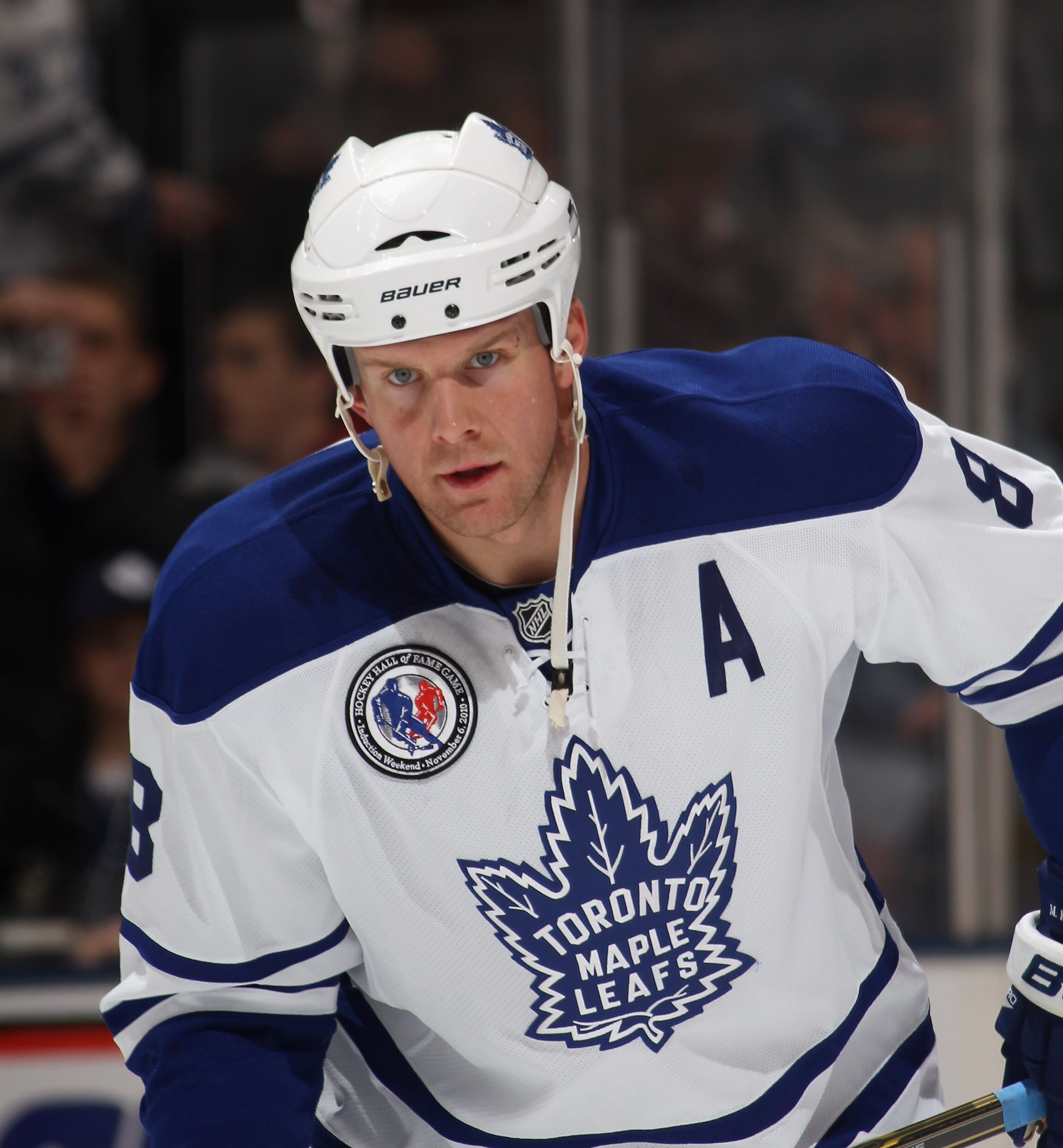 TORONTO, ON - NOVEMBER 06:  Mike Komisarek #8 of the Toronto Maple Leafs skates against the Buffalo Sabres at the Air Canada Centre on November 6, 2010 in Toronto, Canada. The Sabres defeated the Maple Leafs 3-2.  (Photo by Bruce Bennett/Getty Images)
