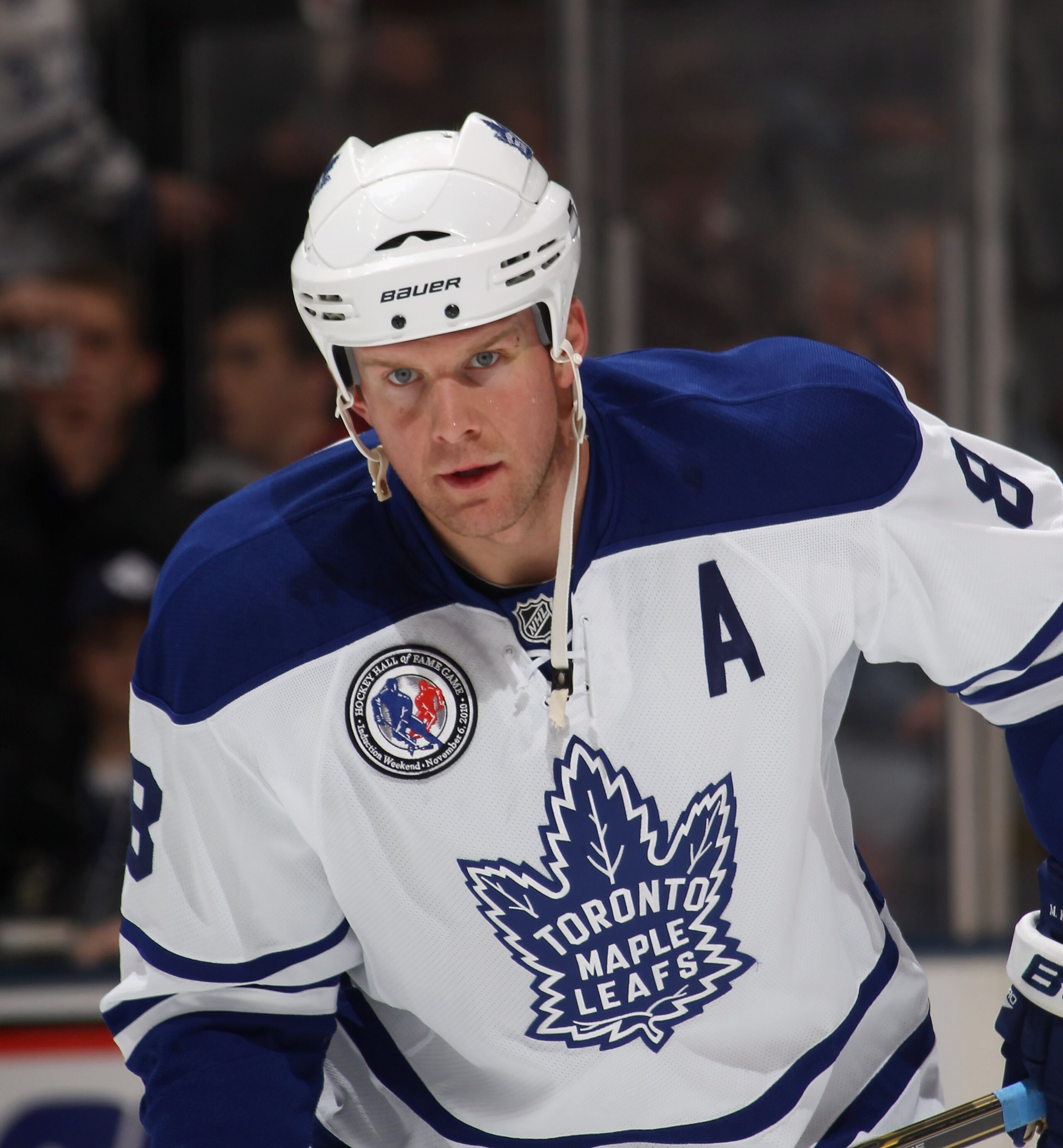 TORONTO, ON - NOVEMBER 06:  Mike Komisarek #8 of the Toronto Maple Leafs skates against the Buffalo Sabres at the Air Canada Centre on November 6, 2010 in Toronto, Canada. The Sabres defeated the Maple Leafs 3-2.  (Photo by Bruce Bennett/Getty Images)