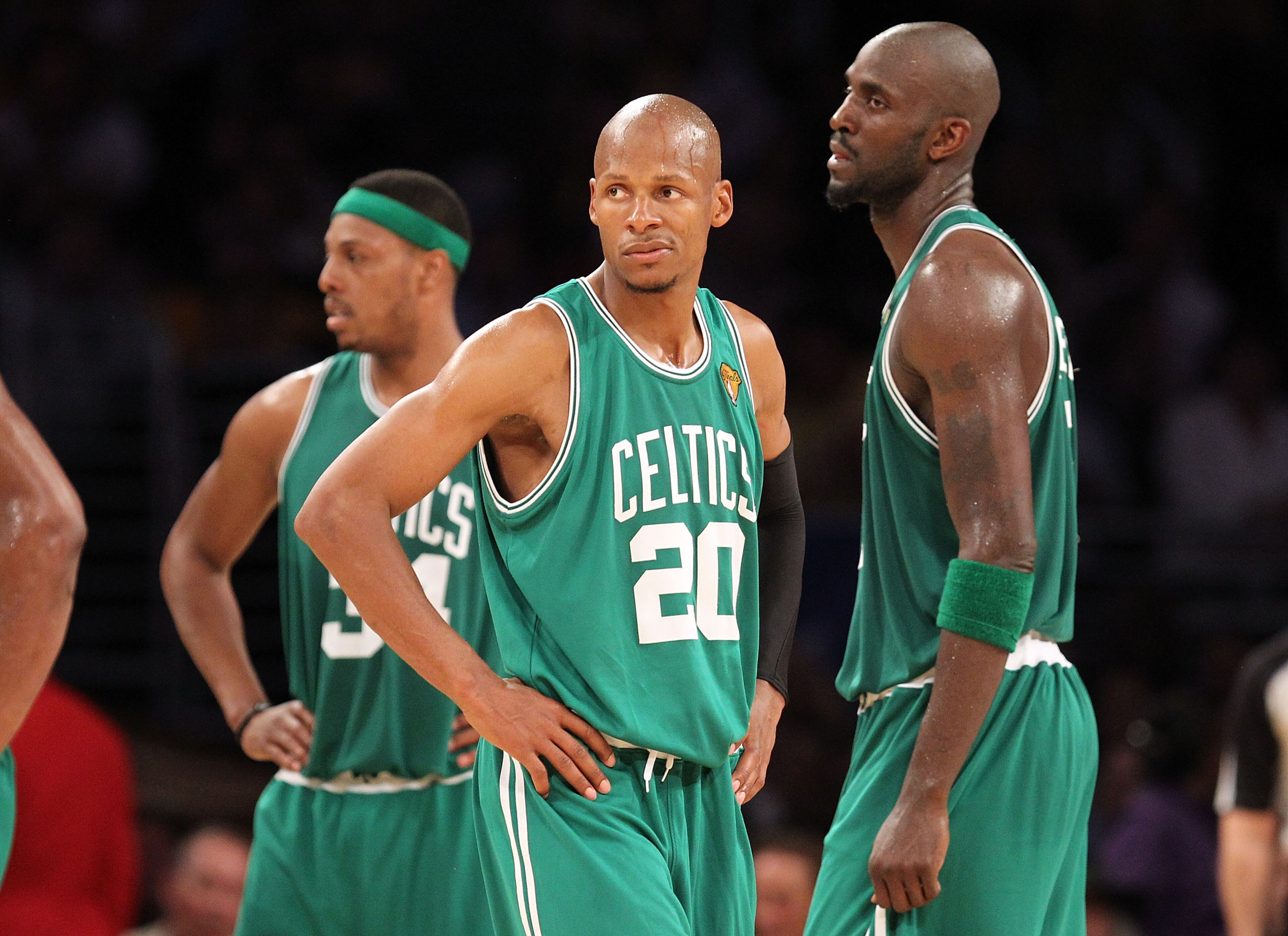 LOS ANGELES, CA - JUNE 15: (L-R) Paul Pierce #34, Ray Allen #20 and Kevin Garnett #5 of the Boston Celtics look on in the second half while taking on the Los Angeles Lakers in Game Six of the 2010 NBA Finals at Staples Center on June 15, 2010 in Los Ange LOS ANGELES, CA - JUNE 15: (L-R) Paul Pierce #34, Ray Allen #20 and Kevin Garnett #5 of the Boston Celtics look on in the second half while taking on the Los Angeles Lakers in Game Six of the 2010 NBA Finals at Staples Center on June 15, 2010 in Los Ange