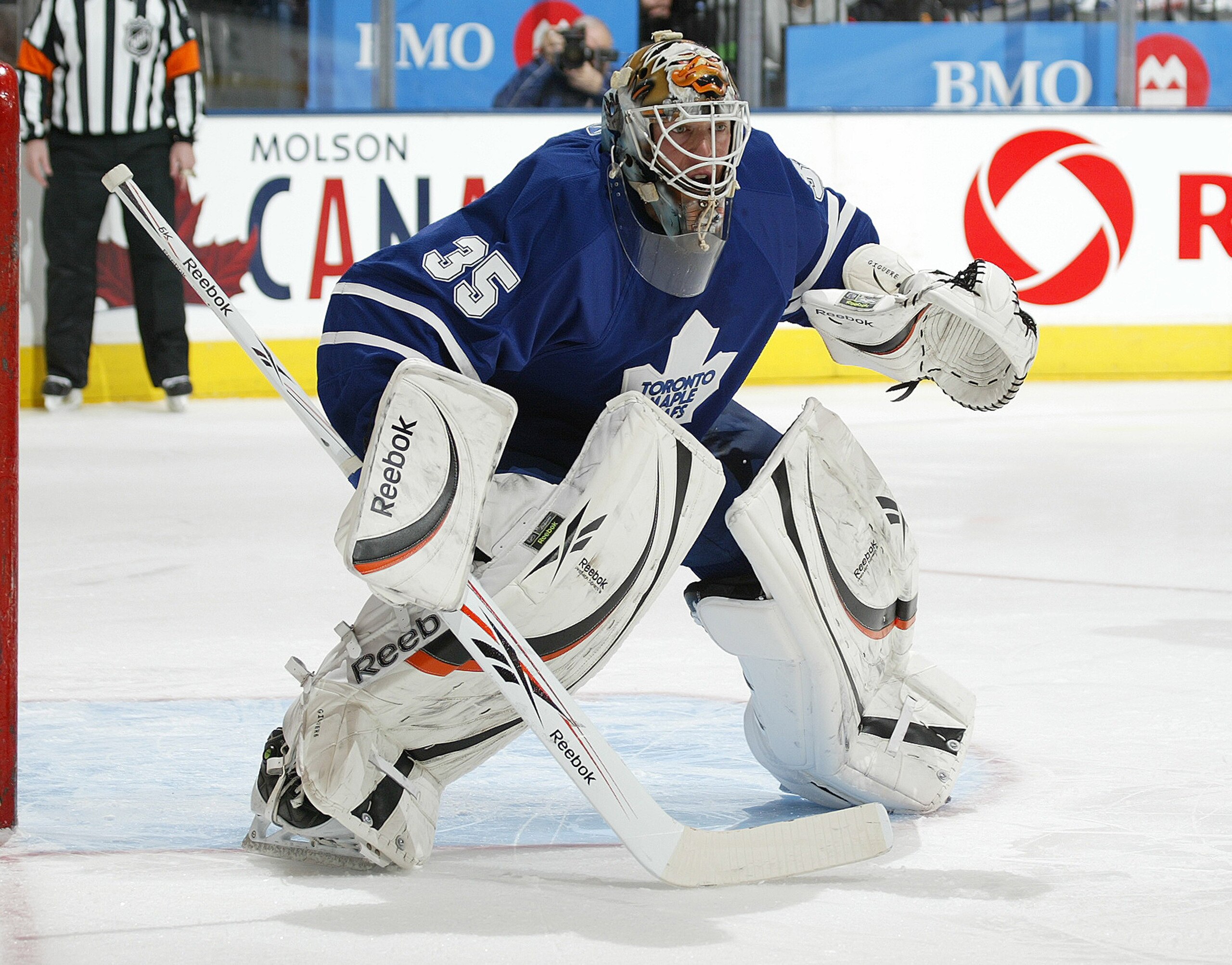 TORONTO, ON - FEBRUARY 8:  J S Giguere #35 of the Toronto Maple Leafs keeps an eye on the play in a game against the San Jose Sharks on February 8, 2010 at the Air Canada Centre in Toronto, Ontario. The Sharks defeated the Leafs 3-2. (Photo by Claus Ander