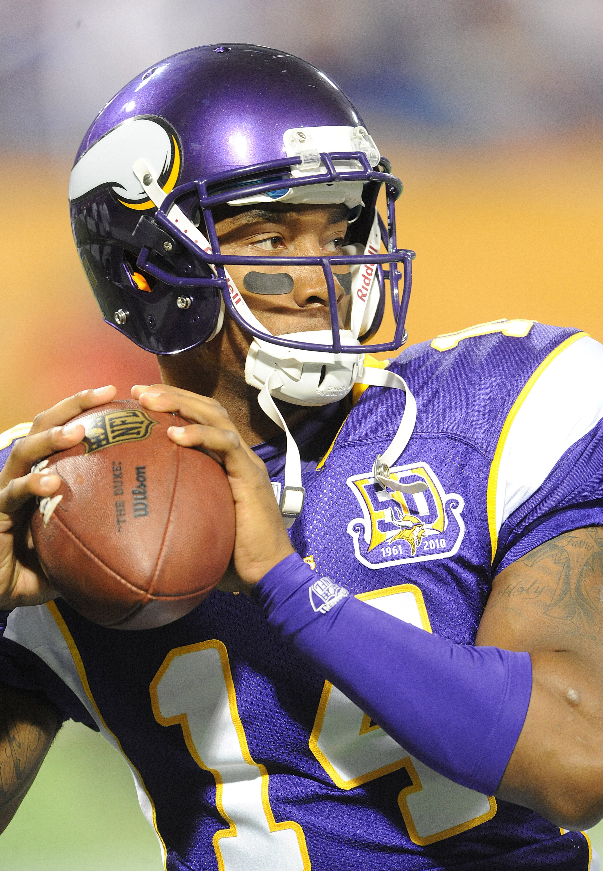 MINNEAPOLIS - SEPTEMBER 2:  Joe Webb #14 of the Minnesota Vikings passes the ball during warmups prior to an NFL preseason game against the Denver Broncos at the Mall of America Field at Hubert H. Humphrey Metrodome, on September 2, 2010 in Minneapolis, M