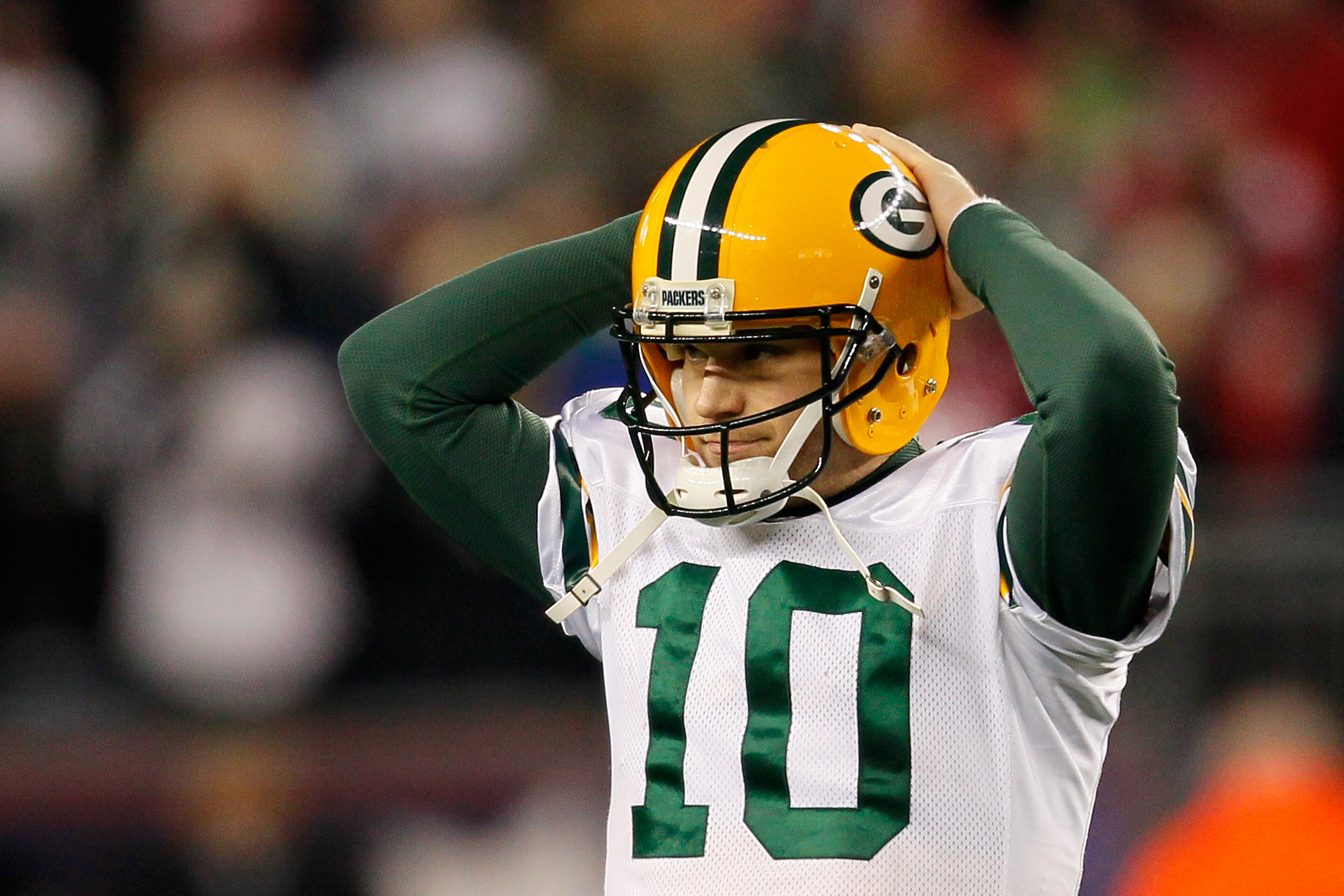 FOXBORO, MA - DECEMBER 19:  Quarterback Matt Flynn #10 of the Green Bay Packers reacts during the fourth quarter of the game against the New England Patriots at Gillette Stadium on December 19, 2010 in Foxboro, Massachusetts. The Patriots won the game 31-