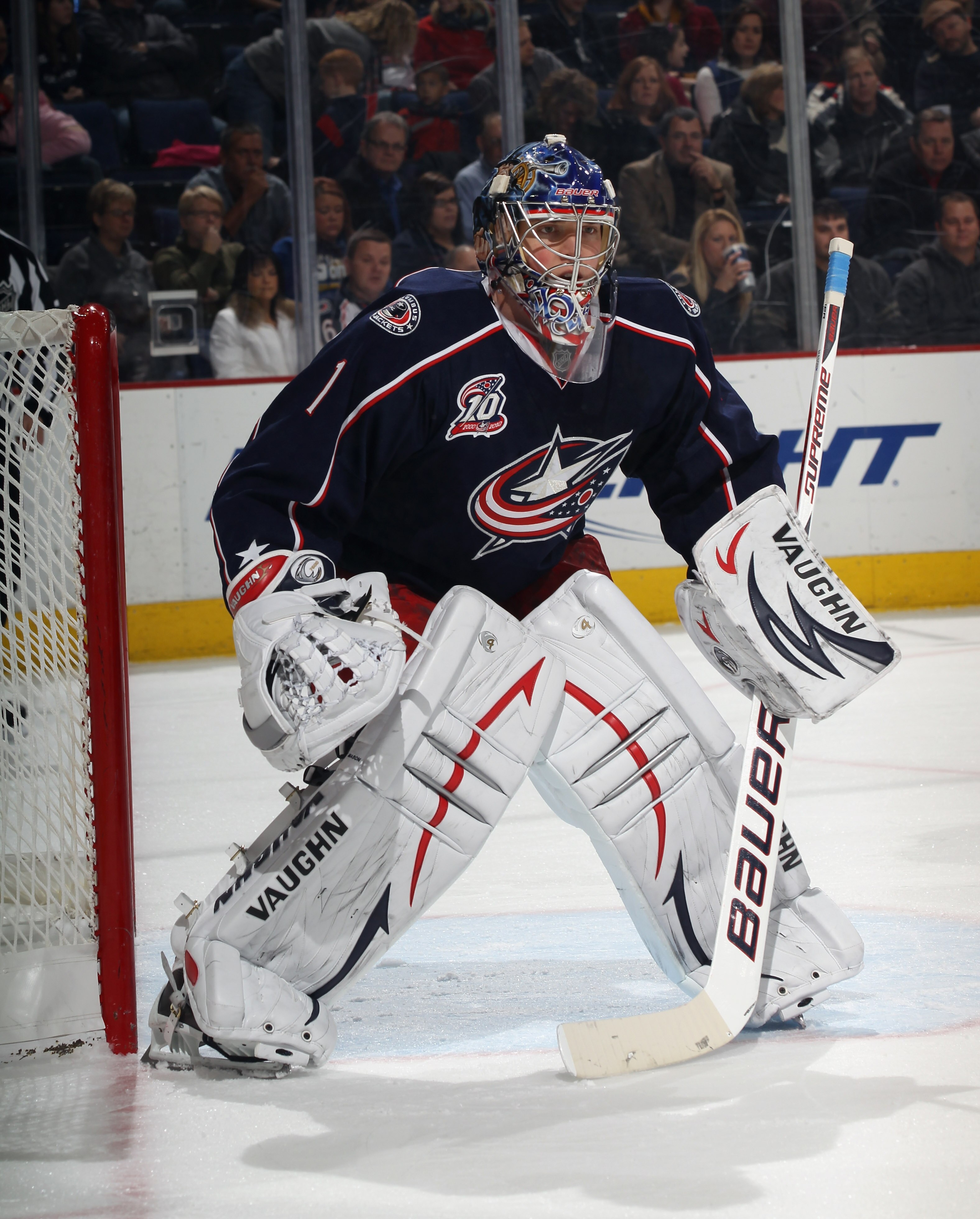 COLUMBUS, OH - DECEMBER 01:  Steve Mason #1 of the Columbus Blue Jackets skates against the Nashville Predators at the Nationwide Arena on December 1, 2010 in Columbus, Ohio.  (Photo by Bruce Bennett/Getty Images)