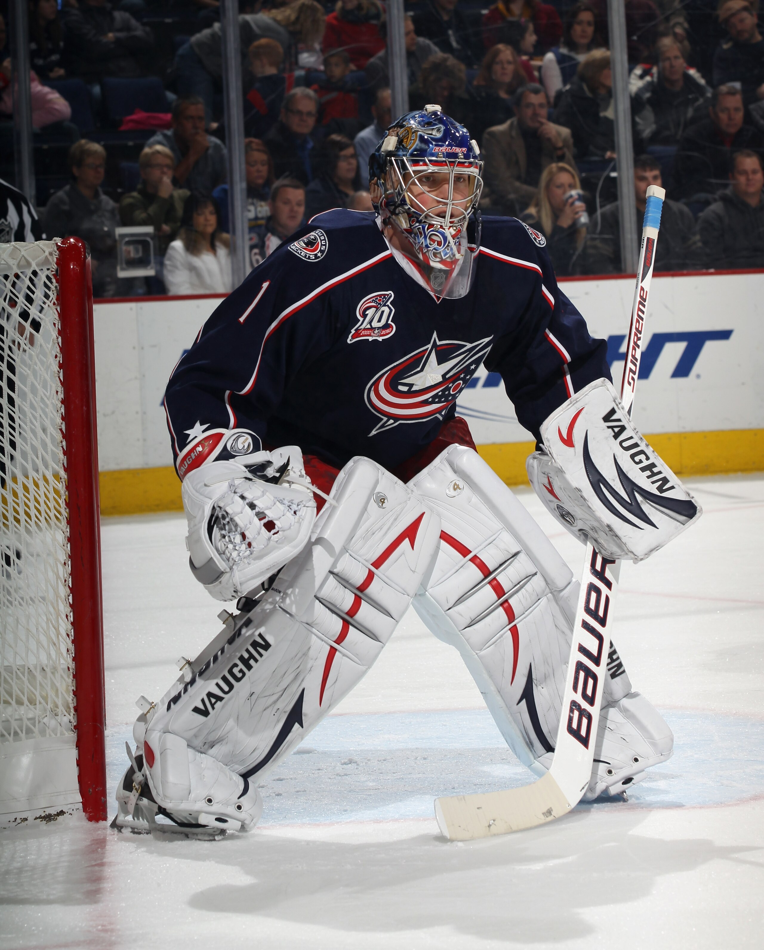 COLUMBUS, OH - DECEMBER 01:  Steve Mason #1 of the Columbus Blue Jackets skates against the Nashville Predators at the Nationwide Arena on December 1, 2010 in Columbus, Ohio.  (Photo by Bruce Bennett/Getty Images)