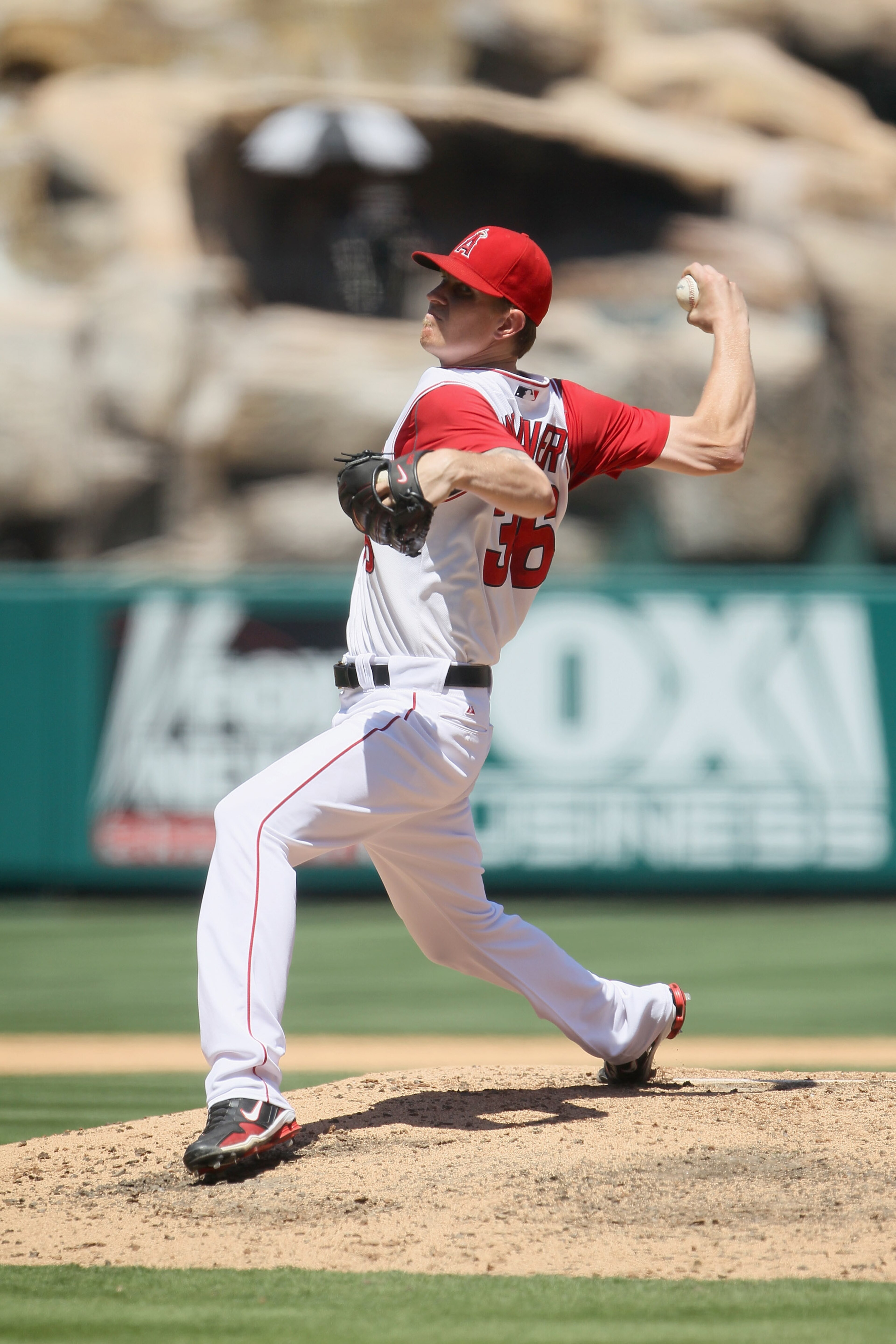ANAHEIM, CA - AUGUST 11:  Jered Weaver #36 of the Los Angeles Angels of Anaheim pitches against the Kansas City Royals at Angel Stadium on August 11, 2010 in Anaheim, California.  (Photo by Jeff Gross/Getty Images)
