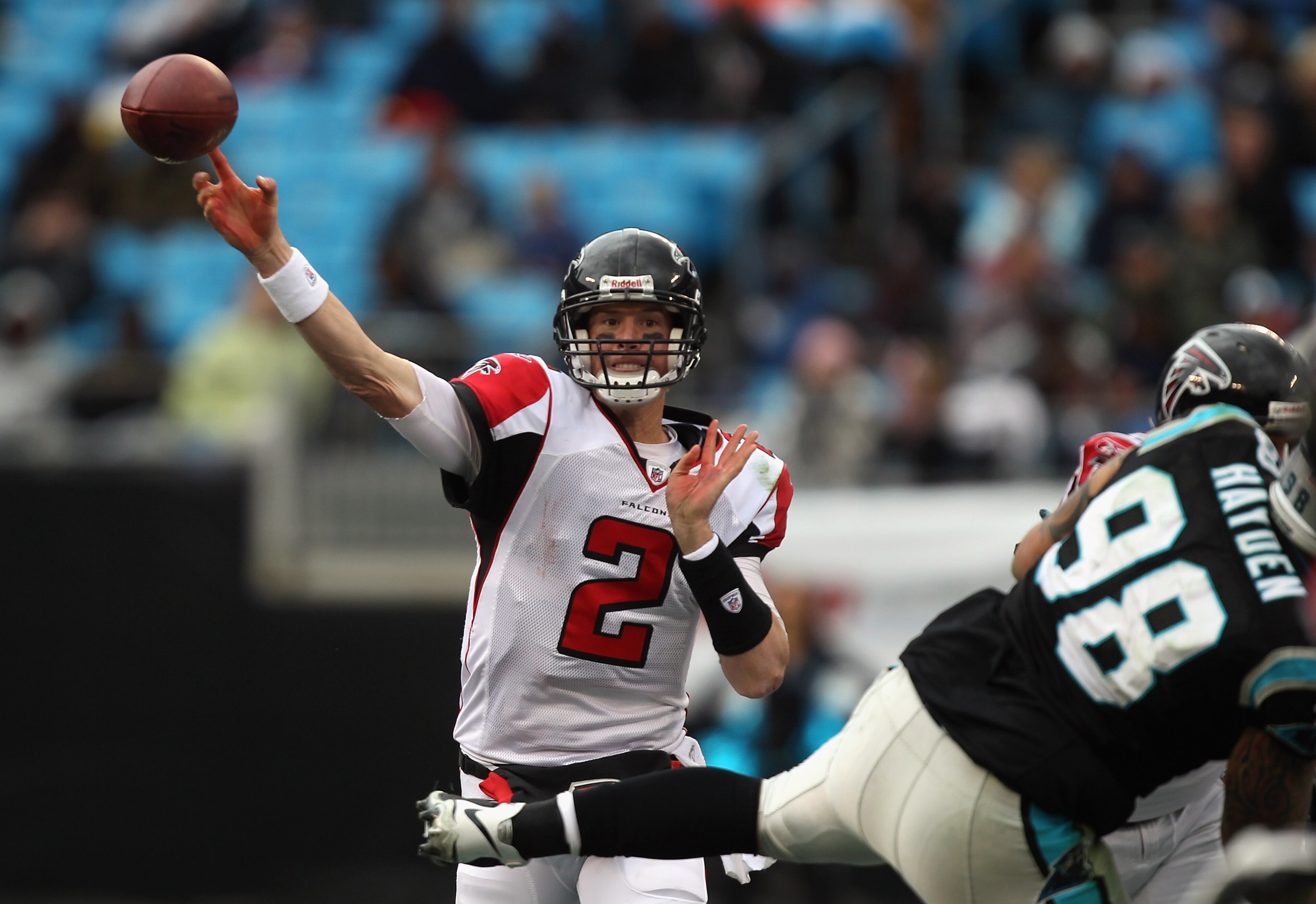 CHARLOTTE, NC - DECEMBER 12:  Matt Ryan #2 of the Atlanta Falcons throws a pass against the Carolina Panthers during their game at Bank of America Stadium on December 12, 2010 in Charlotte, North Carolina.  (Photo by Streeter Lecka/Getty Images)
