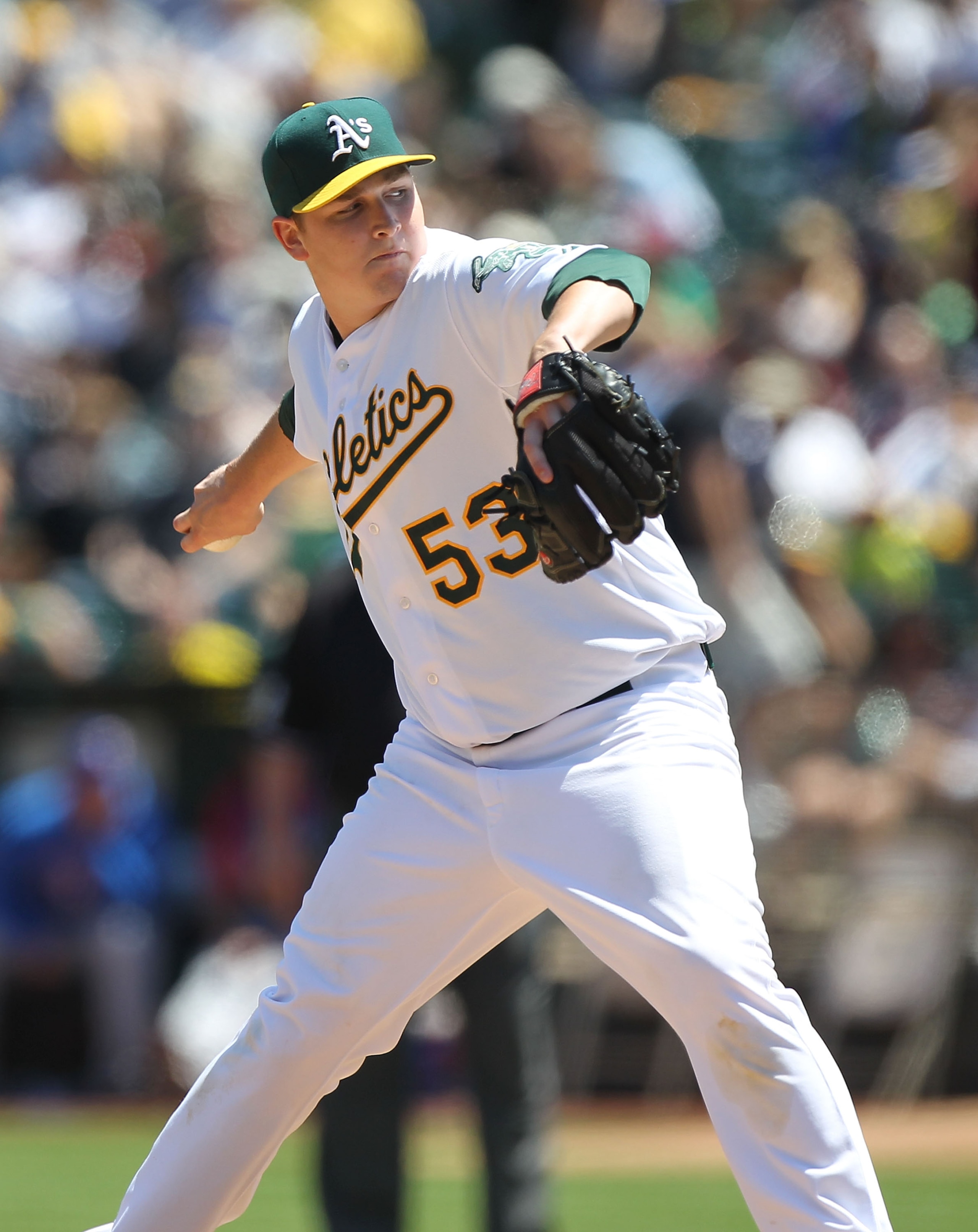 OAKLAND, CA - AUGUST 08:  Trevor Cahill #53 of the Oakland Athletics pitches against the Texas Rangers during an MLB game at the Oakland-Alameda County Coliseum on August 8, 2010 in Oakland, California.  (Photo by Jed Jacobsohn/Getty Images)