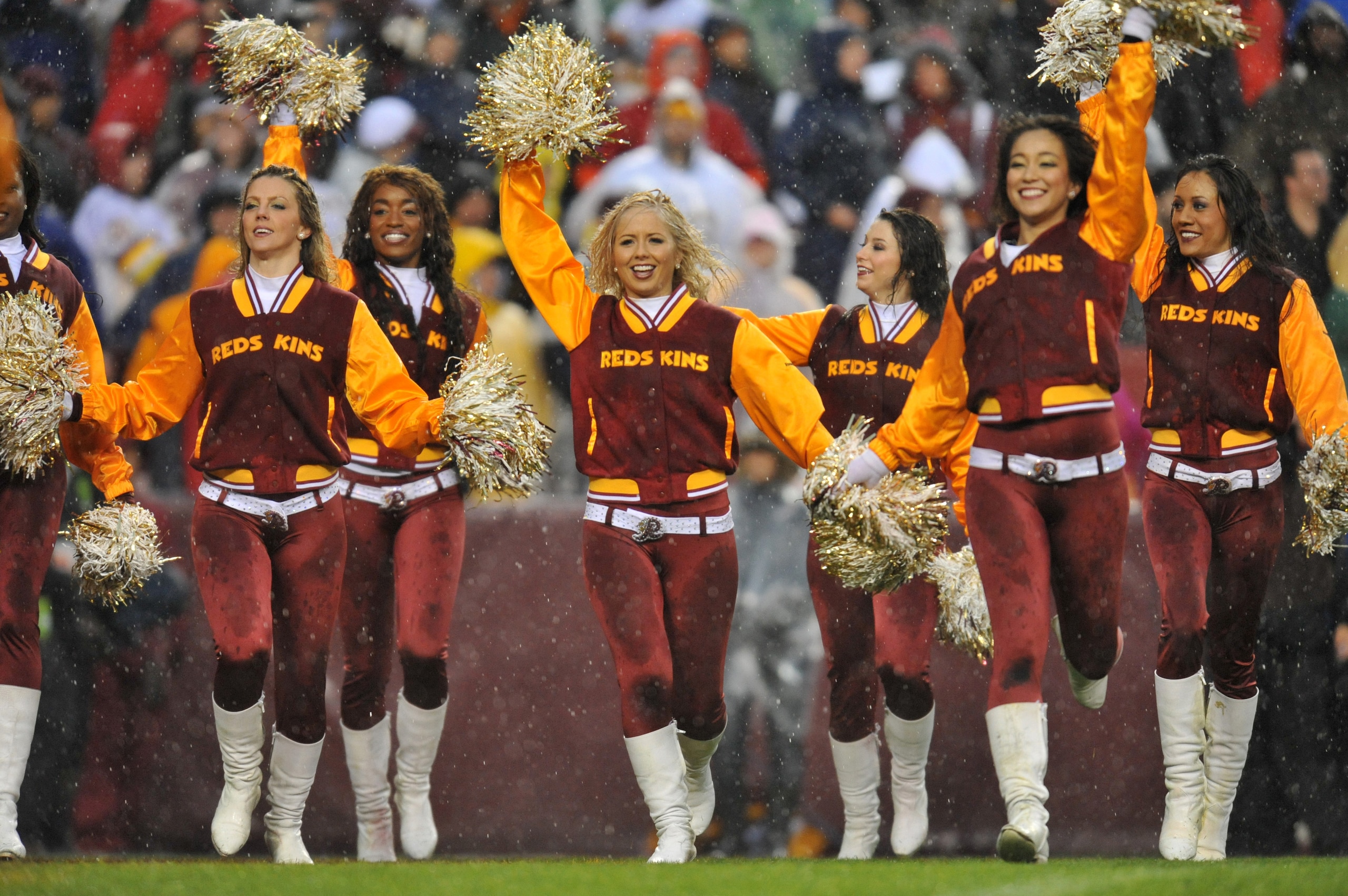 LANDOVER, MD - DECEMBER 12: Cheerleaders for the Washington Redskins perform a dance during the game against the Tampa Bay Buccaneers at FedExField on December 12, 2010 in Landover, Maryland. The Buccaneers defeated the Redskins 17-16. (Photo by Larry F LANDOVER, MD - DECEMBER 12: Cheerleaders for the Washington Redskins perform a dance during the game against the Tampa Bay Buccaneers at FedExField on December 12, 2010 in Landover, Maryland. The Buccaneers defeated the Redskins 17-16. (Photo by Larry F